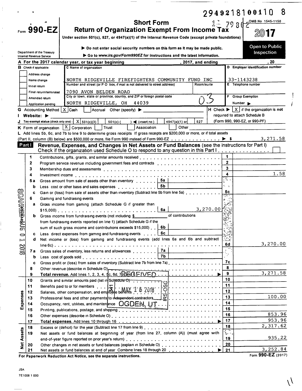 Image of first page of 2017 Form 990EZ for North Ridgeville Firefighters Community Fund