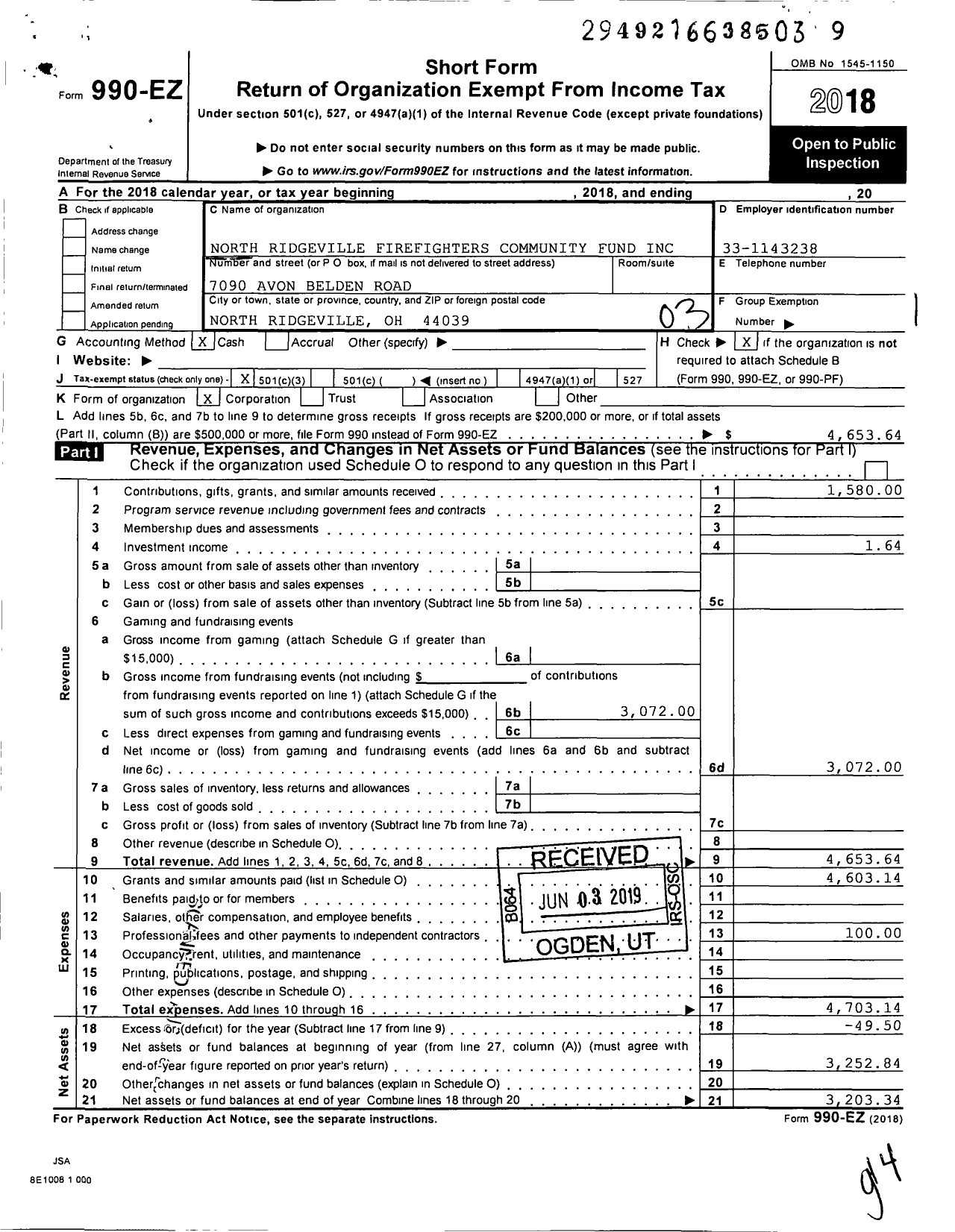 Image of first page of 2018 Form 990EZ for North Ridgeville Firefighters Community Fund