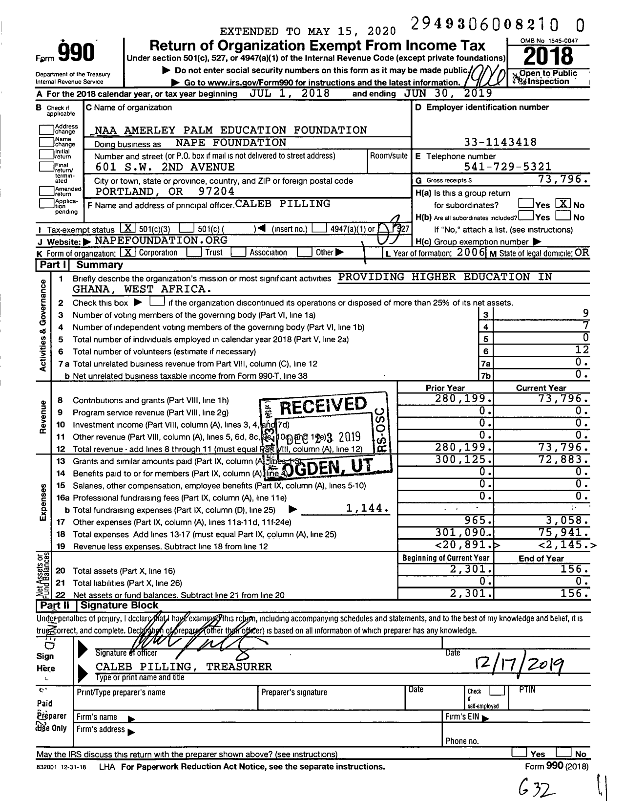 Image of first page of 2018 Form 990 for Nape Foundation