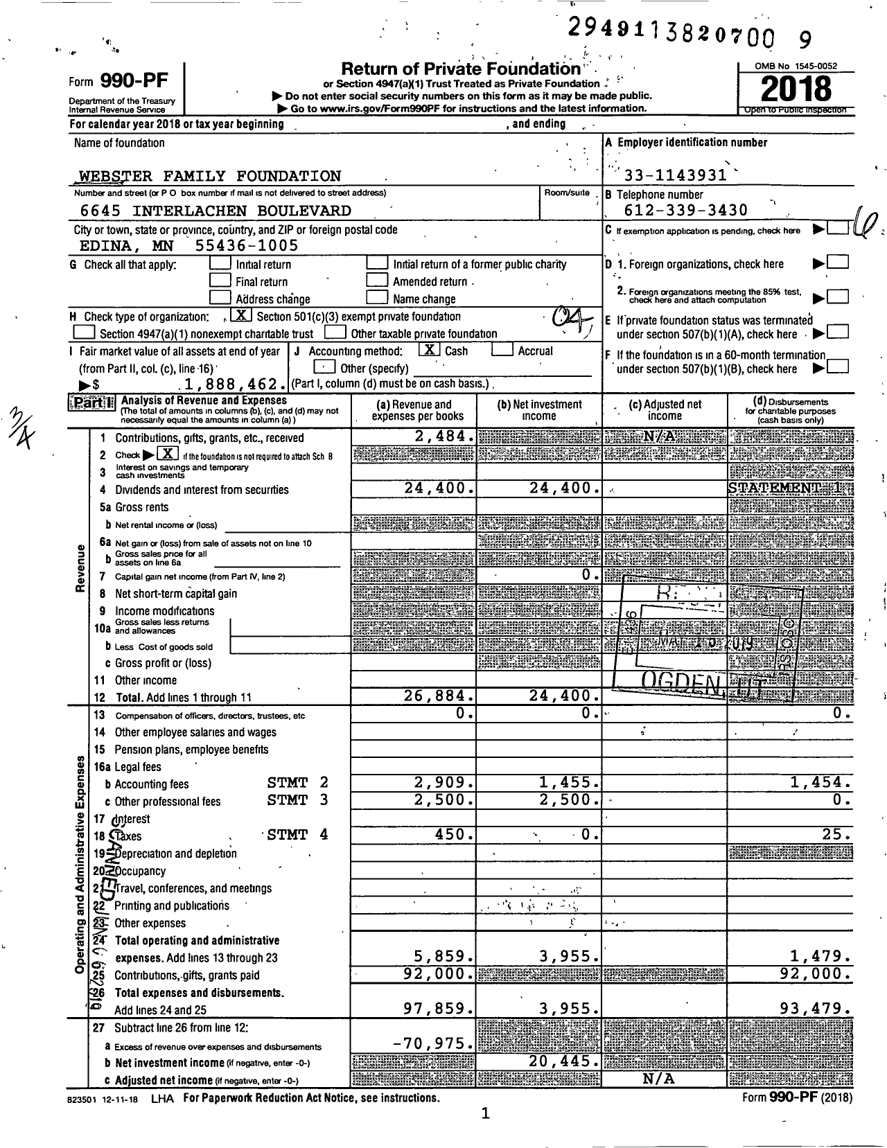 Image of first page of 2018 Form 990PF for Webster Family Foundation