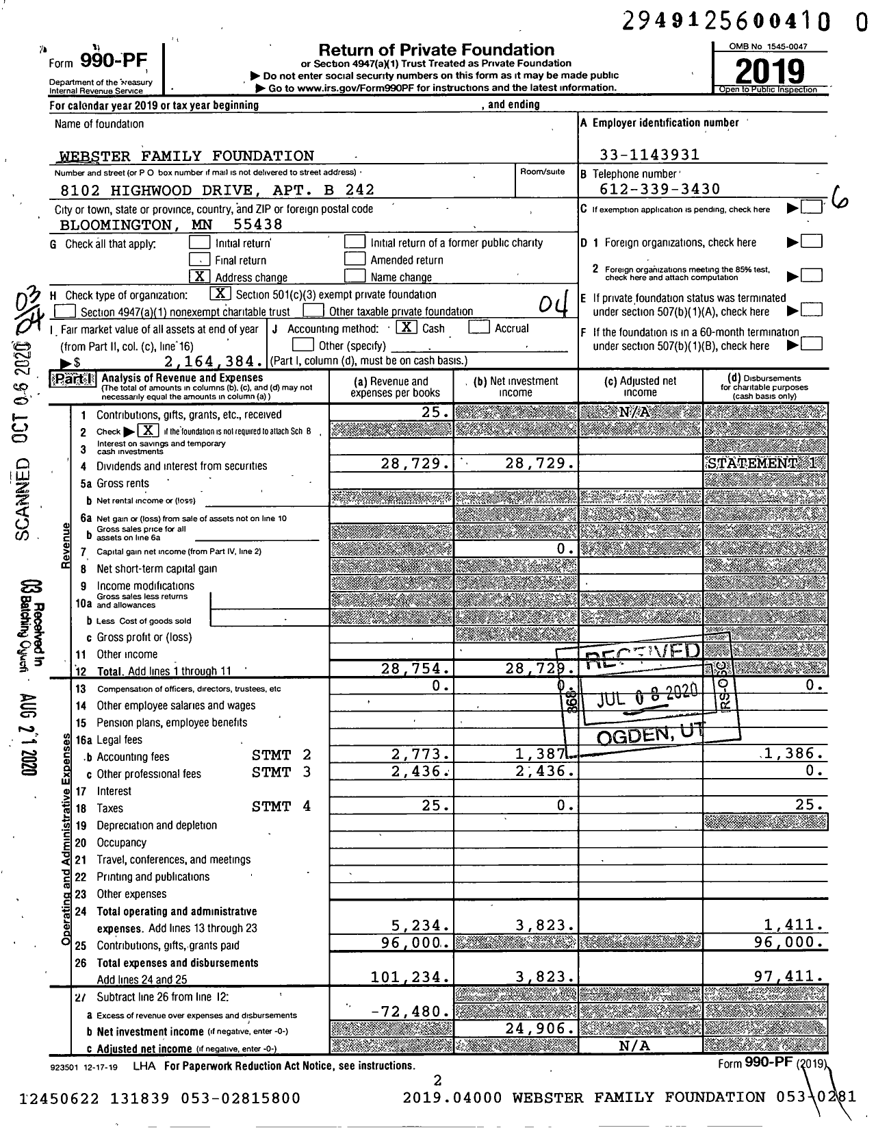 Image of first page of 2019 Form 990PR for Webster Family Foundation