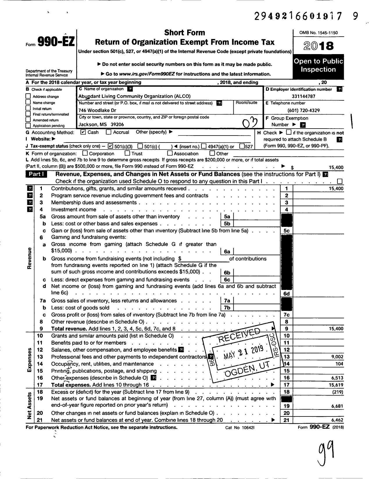 Image of first page of 2018 Form 990EZ for Abundant Living Community Organization (ALCO)