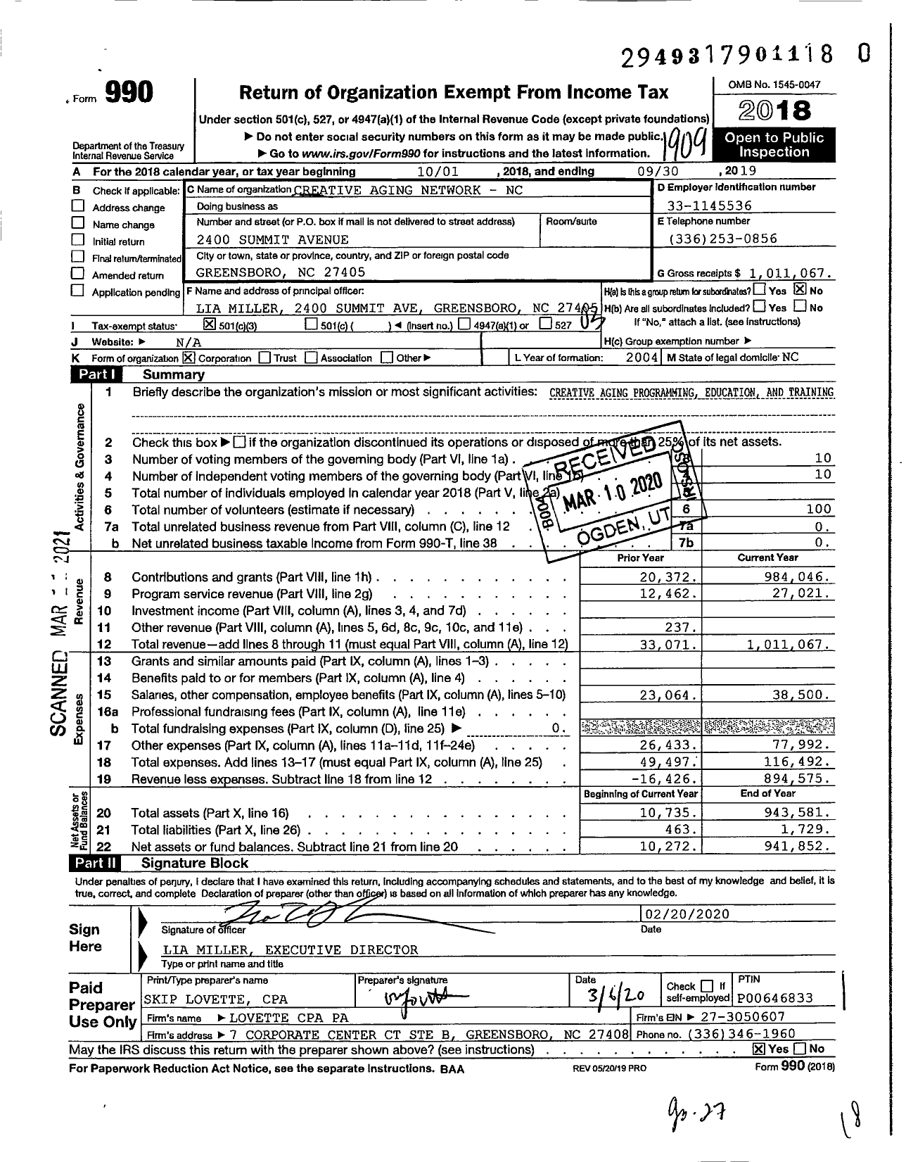 Image of first page of 2018 Form 990 for Center for Creative Aging North Carolina