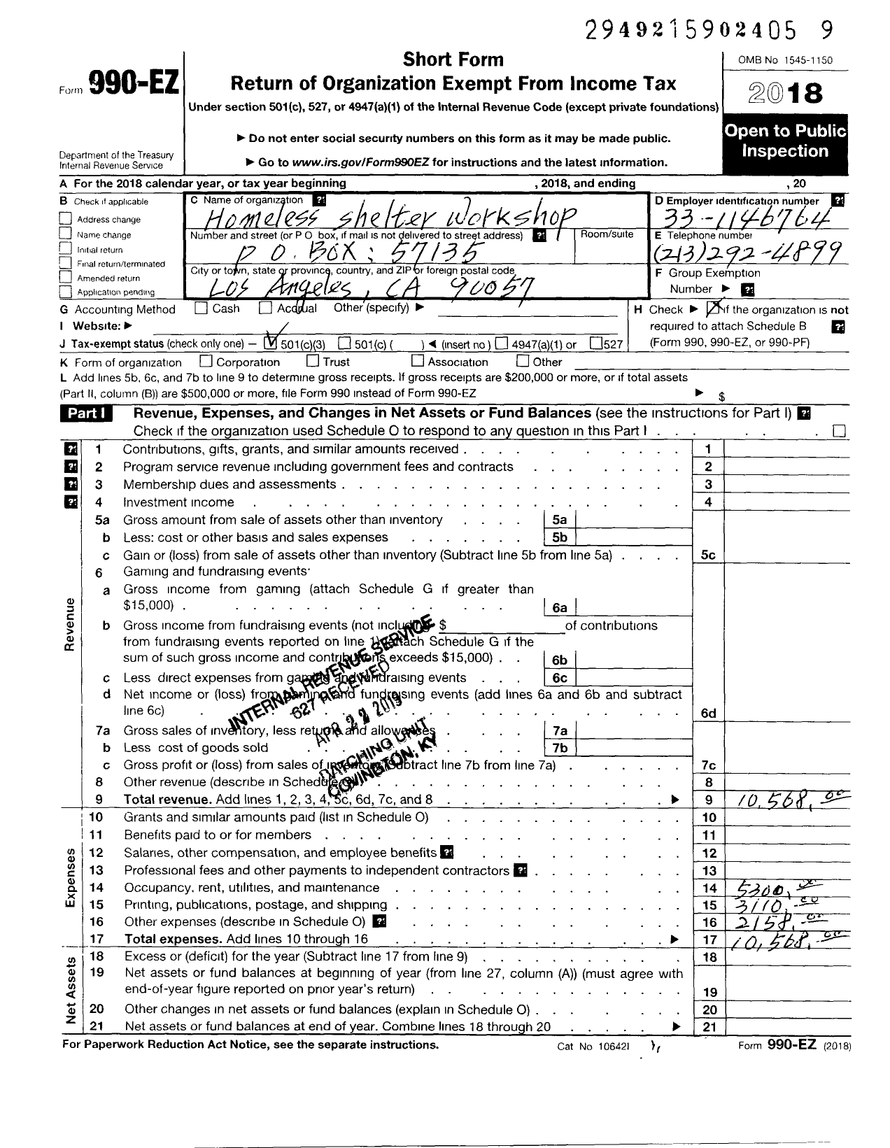 Image of first page of 2018 Form 990EO for Homeless Shelter Workshop