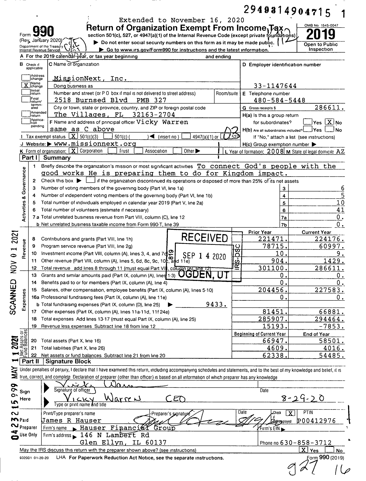 Image of first page of 2019 Form 990 for MissionNext