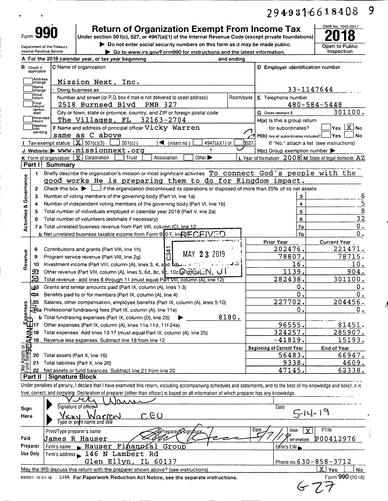 Image of first page of 2018 Form 990 for MissionNext