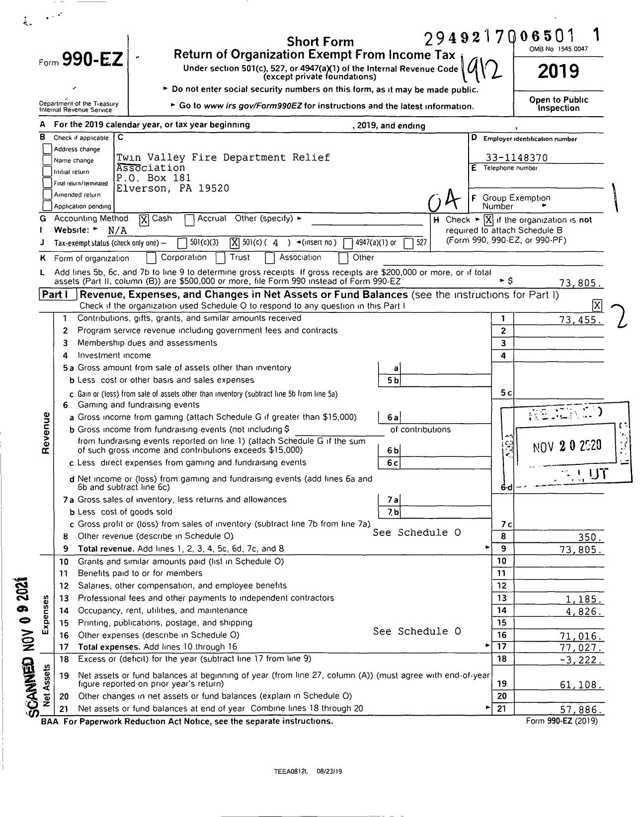 Image of first page of 2019 Form 990EO for Twin Valley Fire Department Relief Association