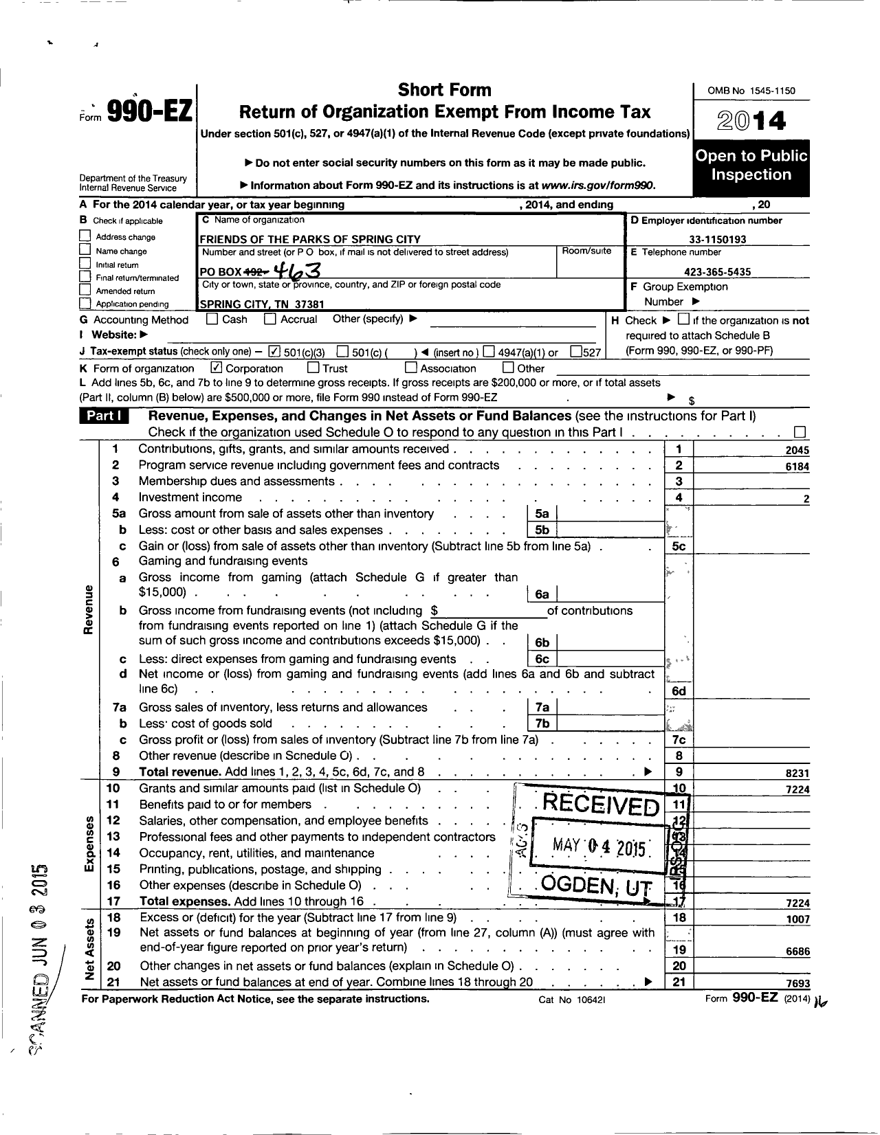 Image of first page of 2014 Form 990EZ for Friends of the Parks of Spring City Tennessee