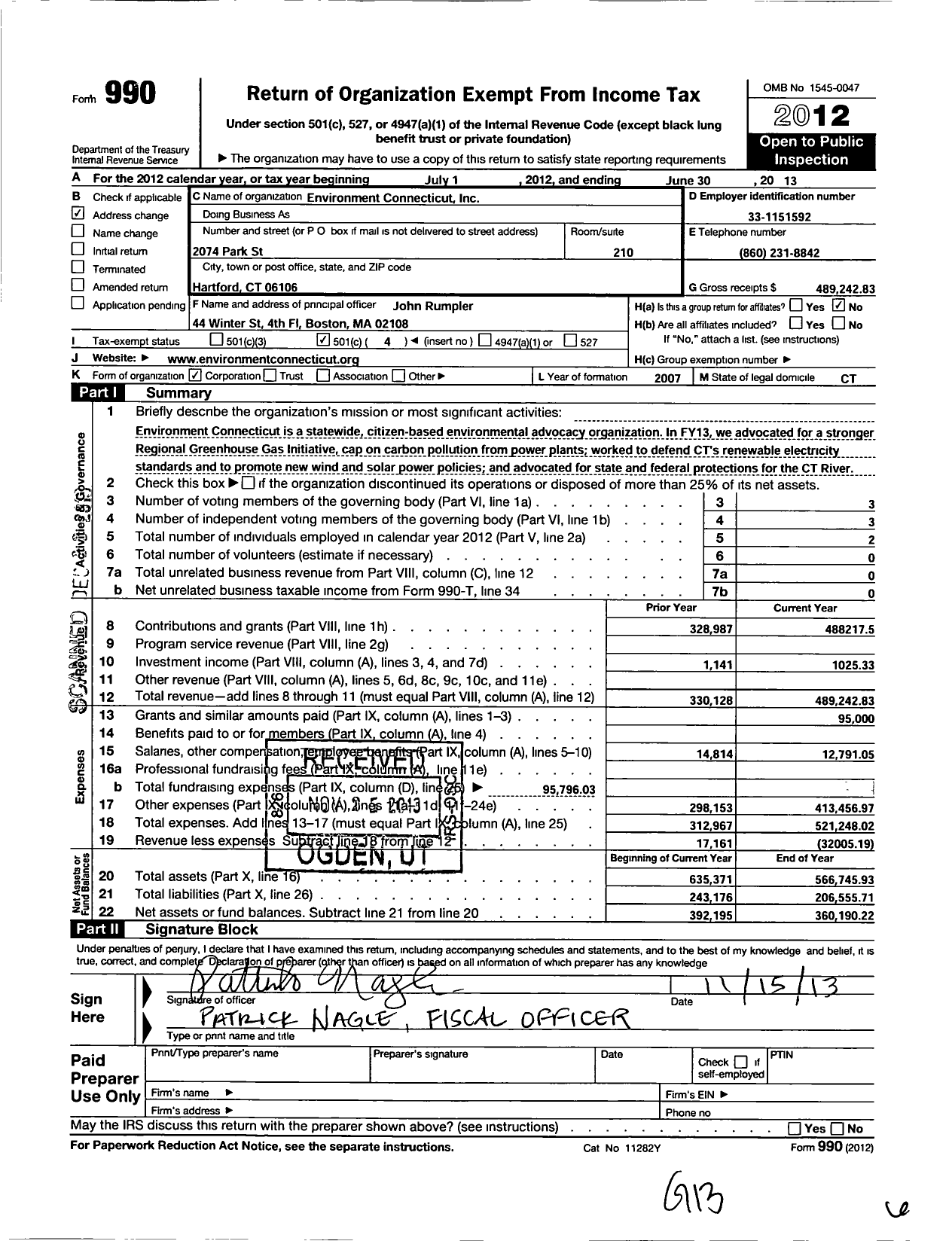 Image of first page of 2012 Form 990O for Environment Connecticut