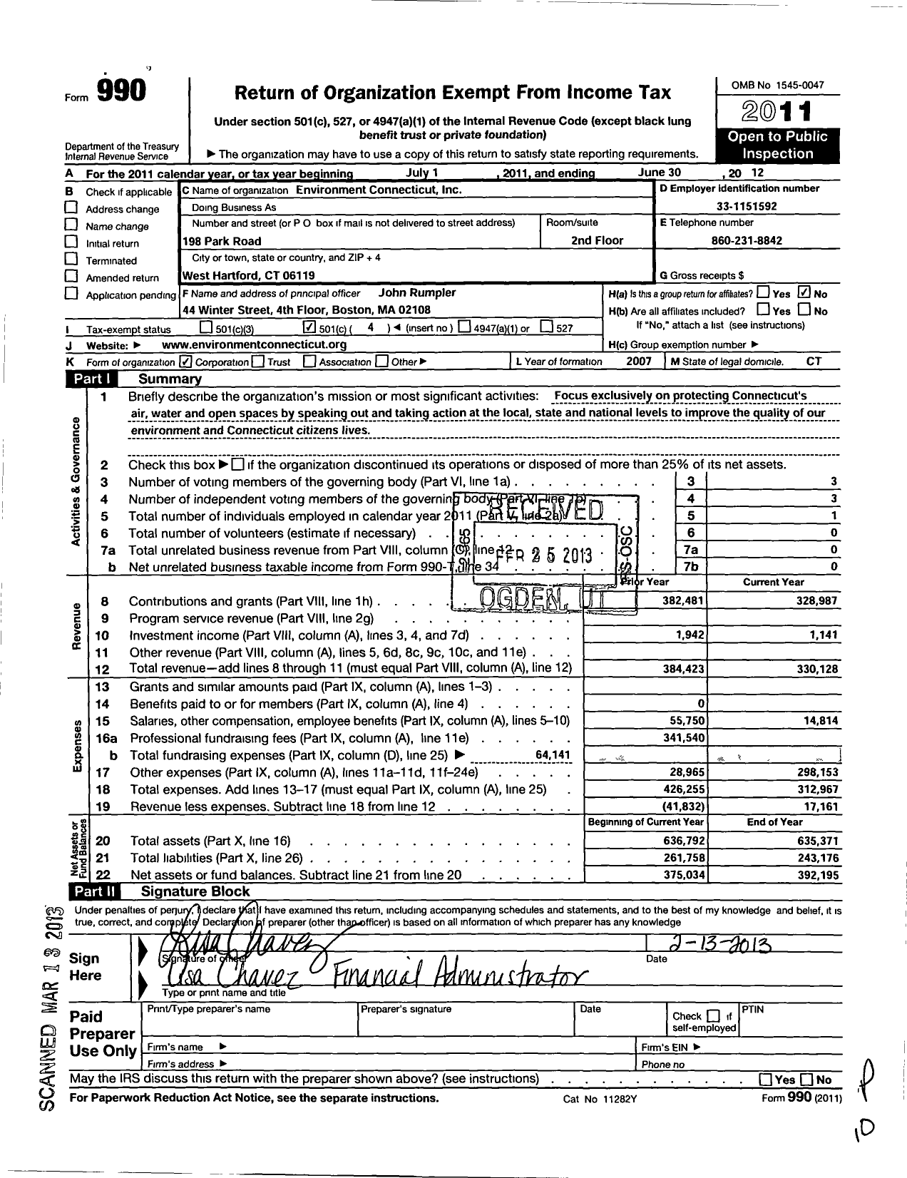 Image of first page of 2011 Form 990O for Environment Connecticut