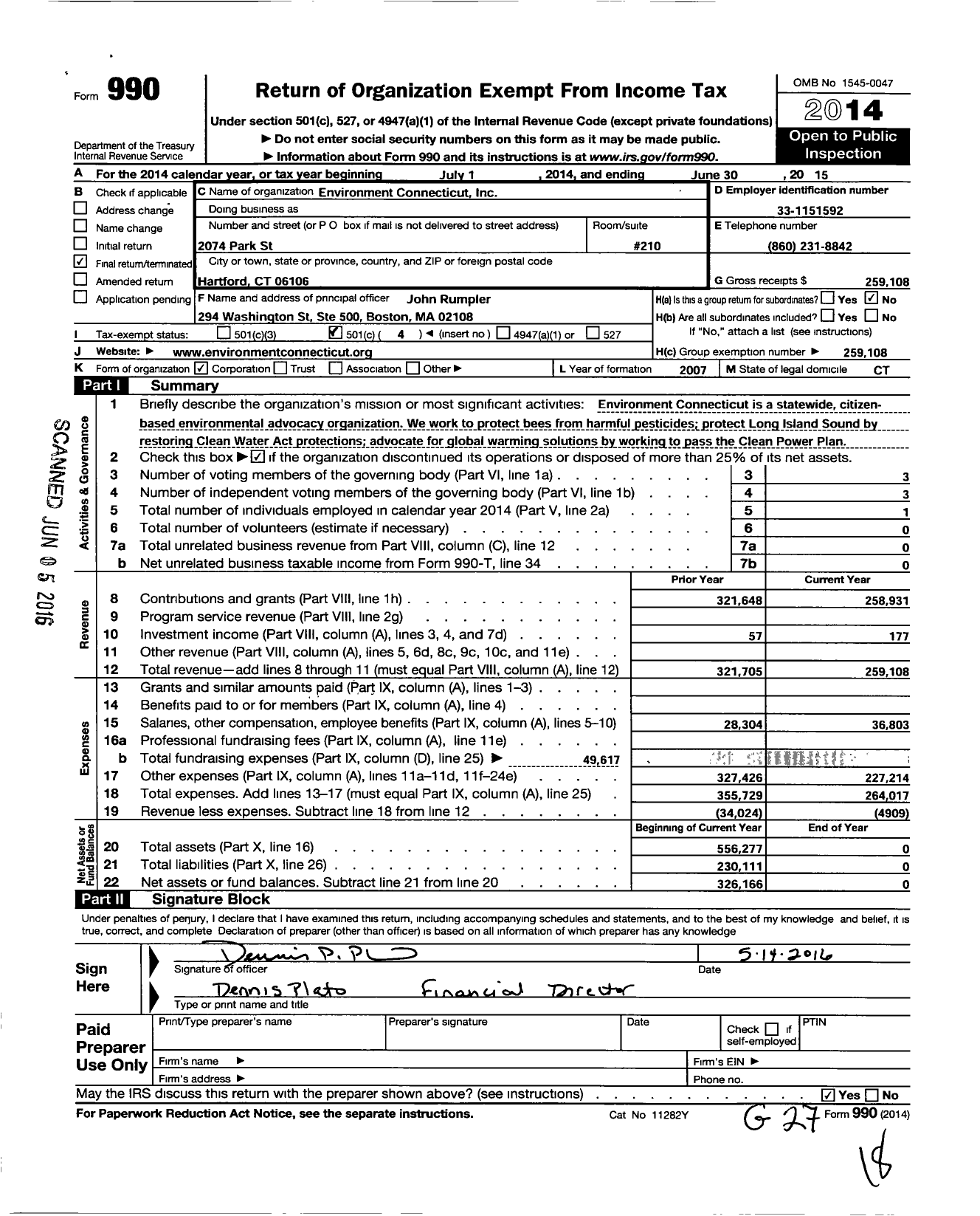 Image of first page of 2014 Form 990O for Environment Connecticut