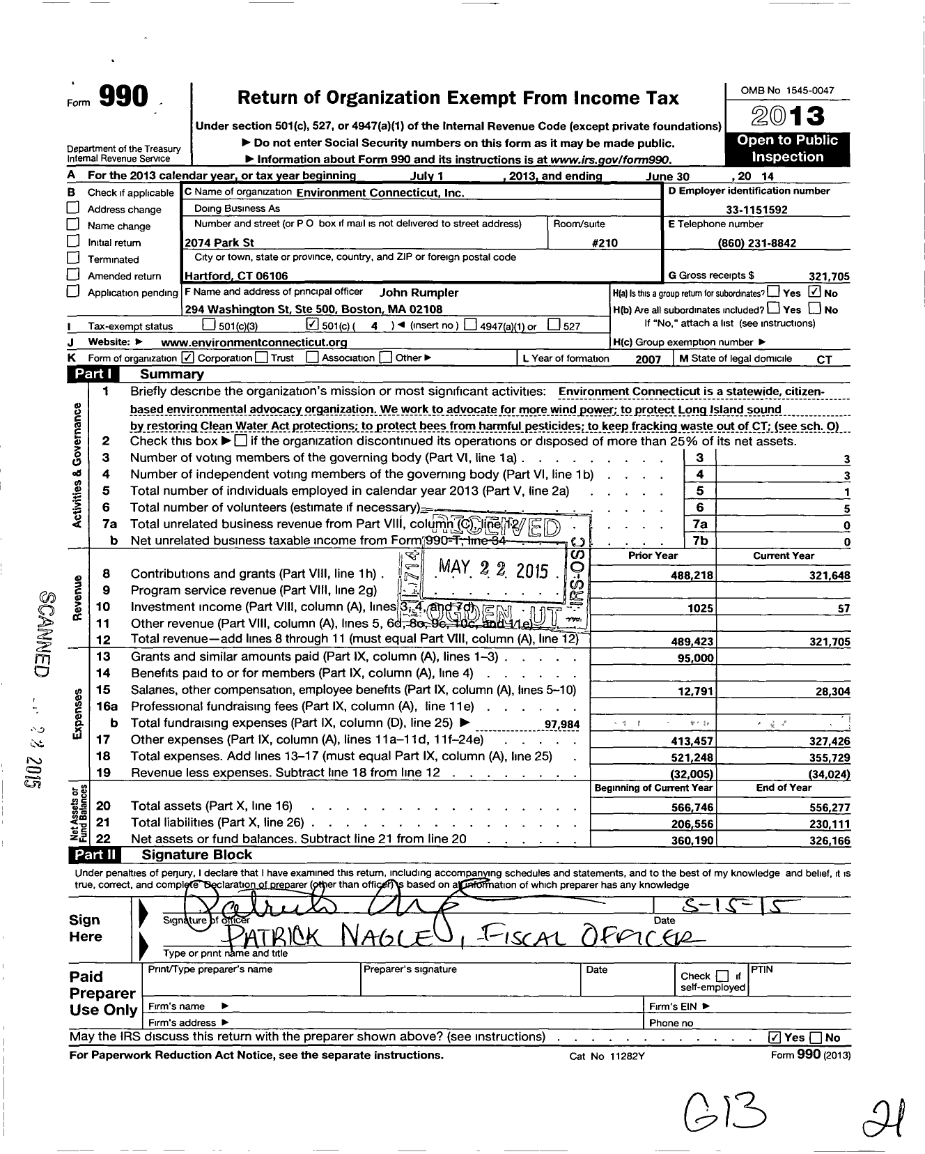 Image of first page of 2013 Form 990O for Environment Connecticut
