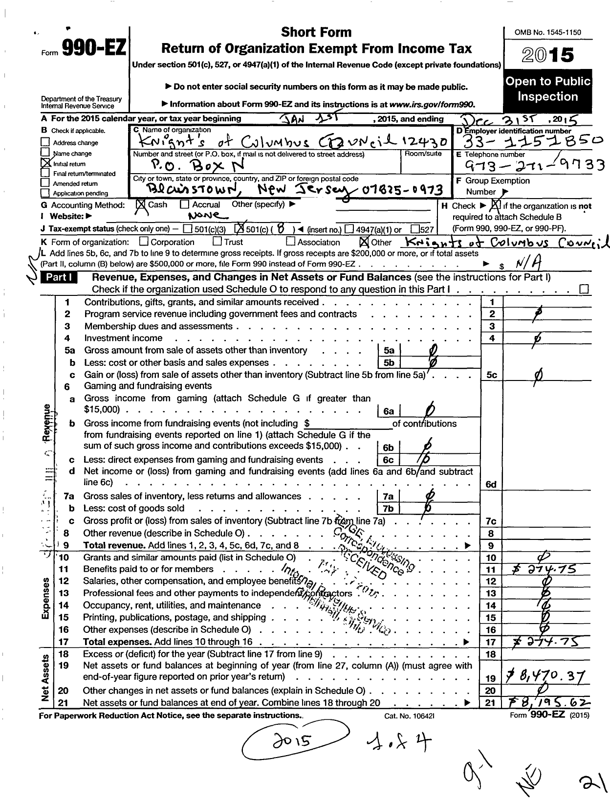 Image of first page of 2015 Form 990EO for St Jude Council No 12430