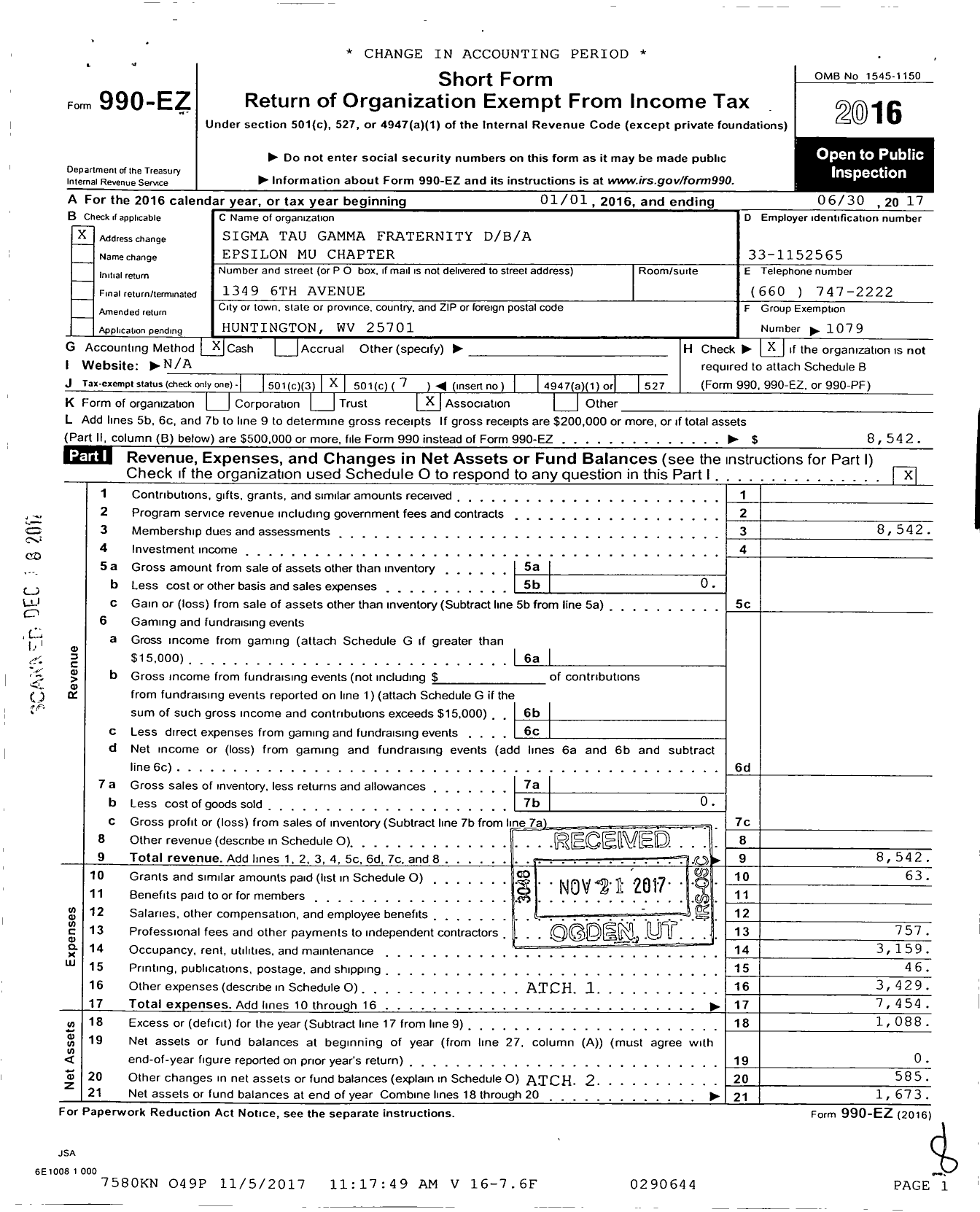 Image of first page of 2016 Form 990EO for Epsilon Mu