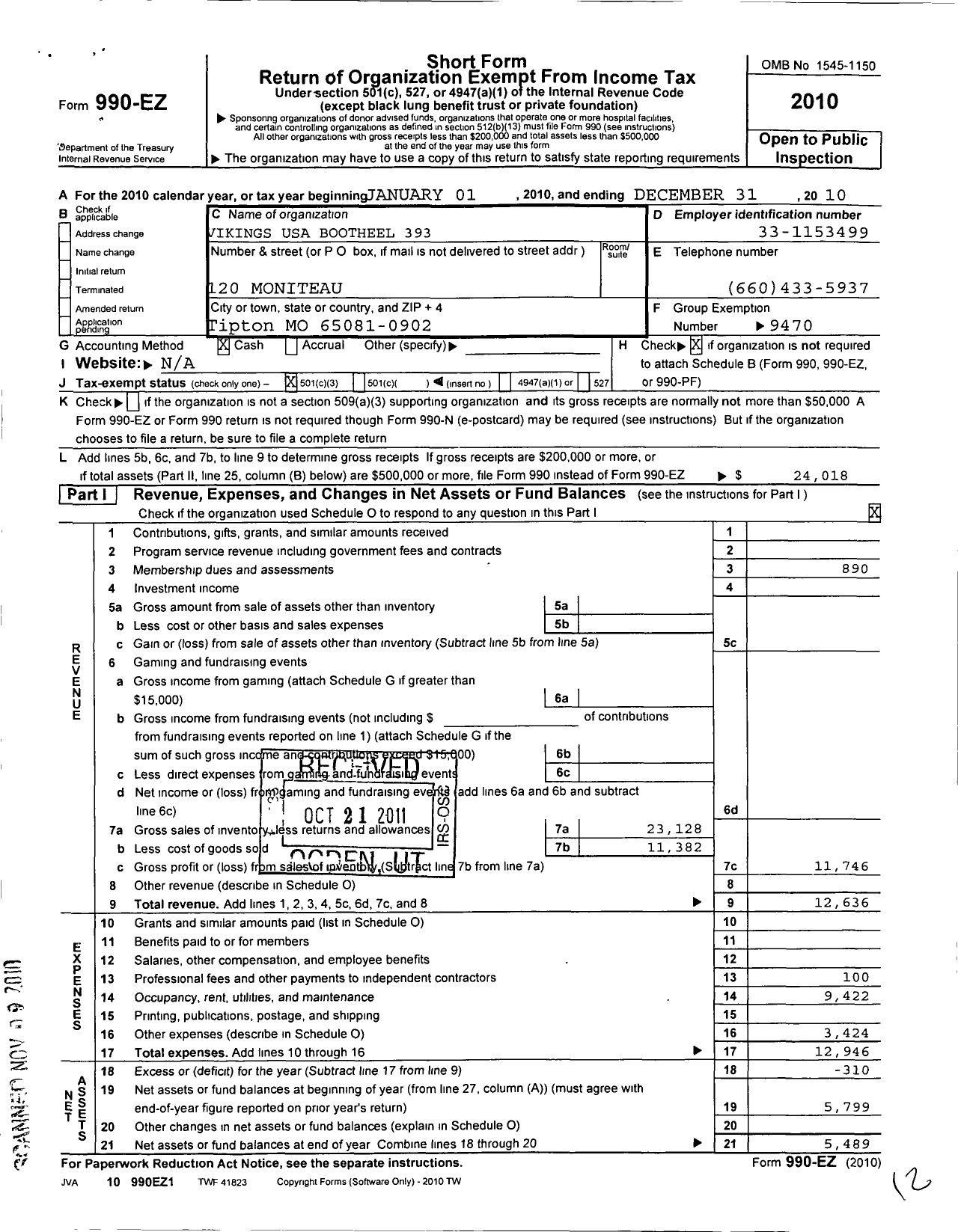 Image of first page of 2010 Form 990EZ for Vikings USA Bootheel Mo - 393