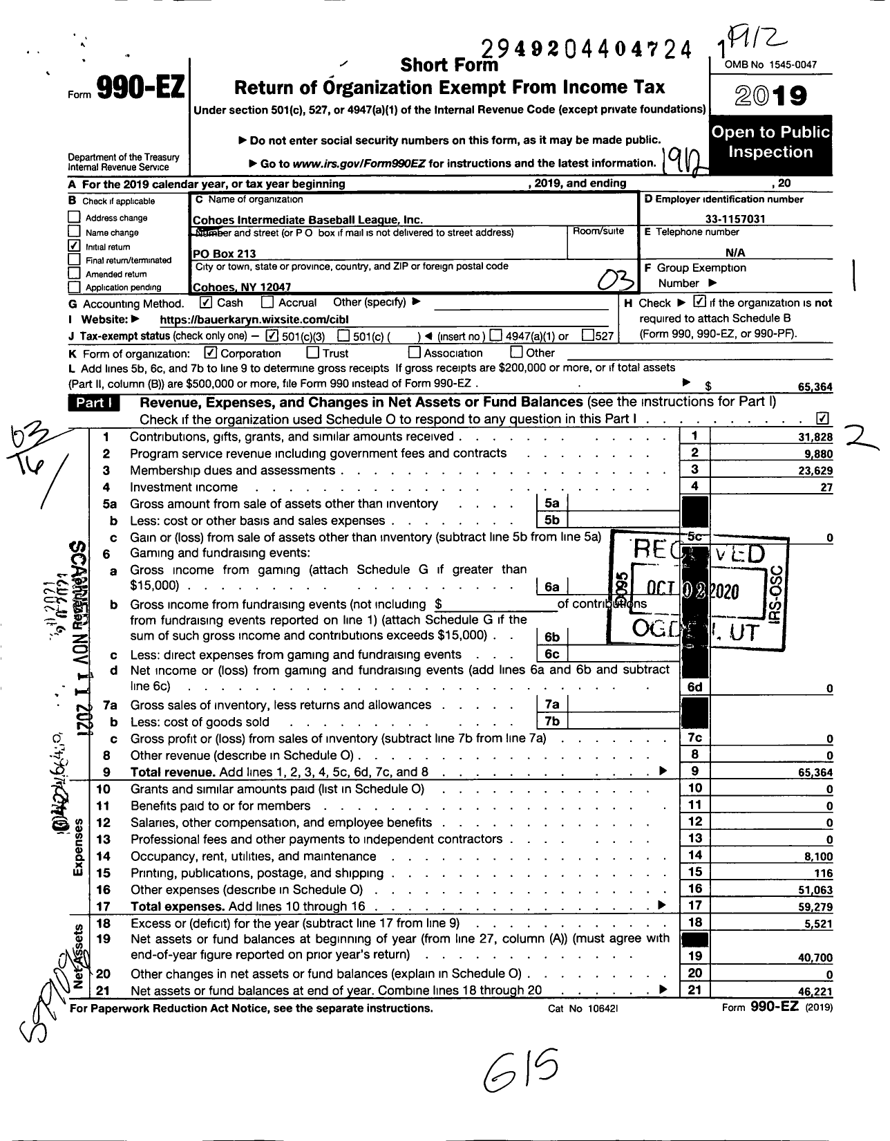 Image of first page of 2019 Form 990EZ for Cohoes Intermediate Baseball League