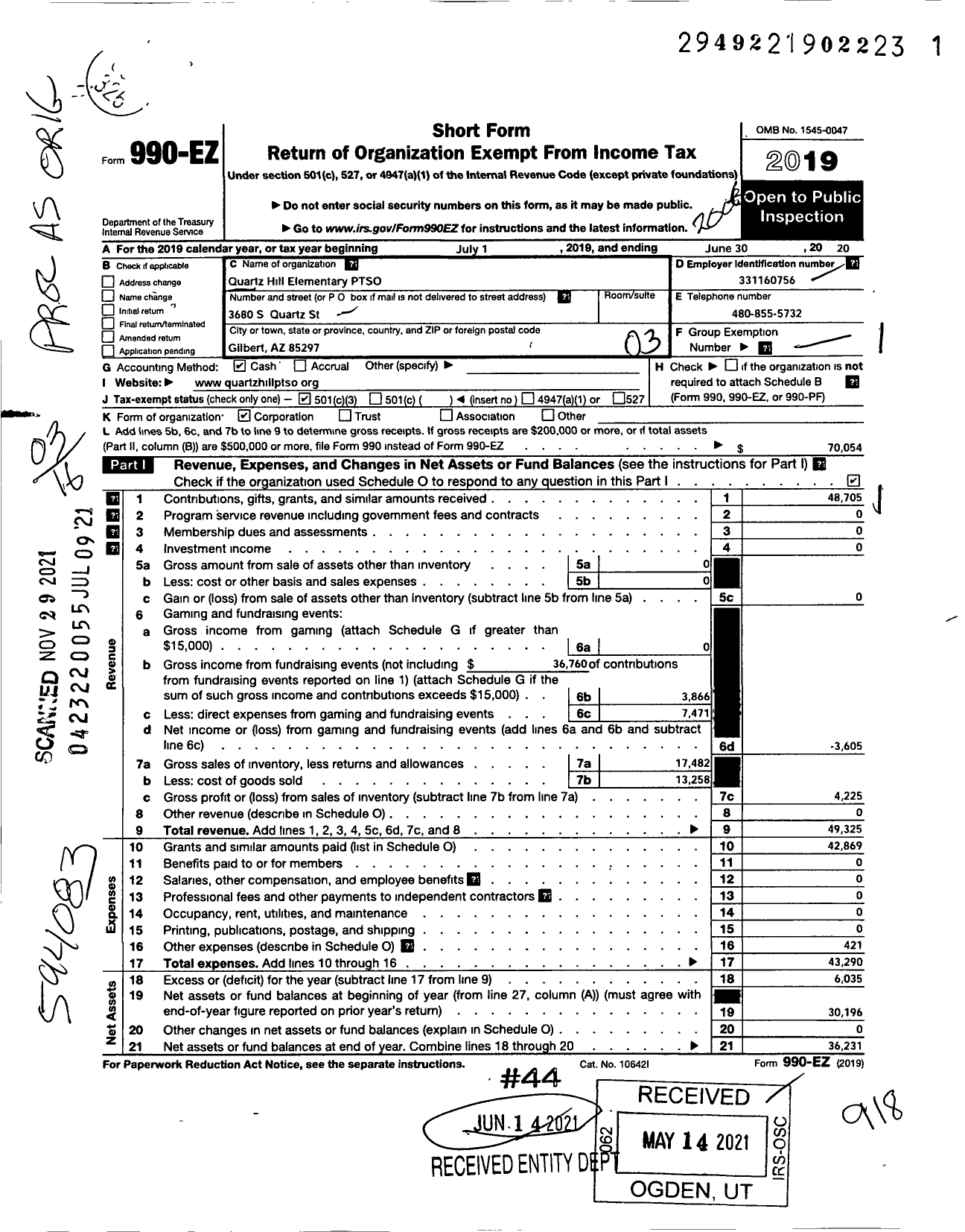 Image of first page of 2019 Form 990EZ for Quartz Hill Elementary PTSO