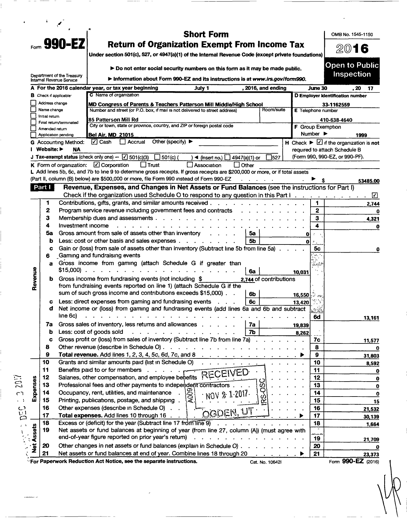 Image of first page of 2016 Form 990EZ for PTA Delaware Congress / Patterson Mill Middle H S Ptsa