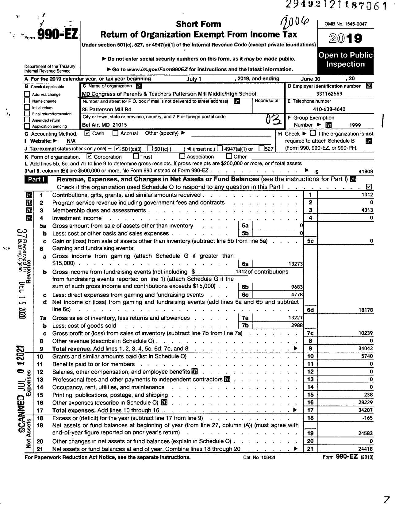 Image of first page of 2019 Form 990EZ for PTA Delaware Congress / Patterson Mill Middle H S Ptsa
