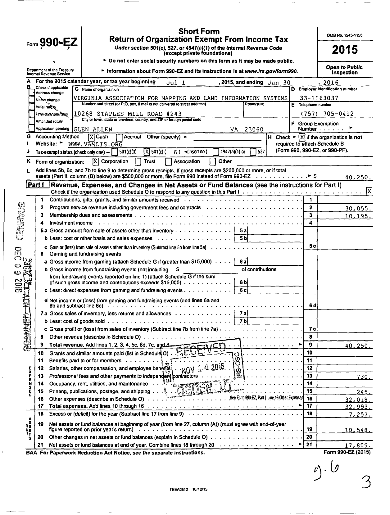 Image of first page of 2015 Form 990EO for Virginia Association for Mapping and Land Information Systems