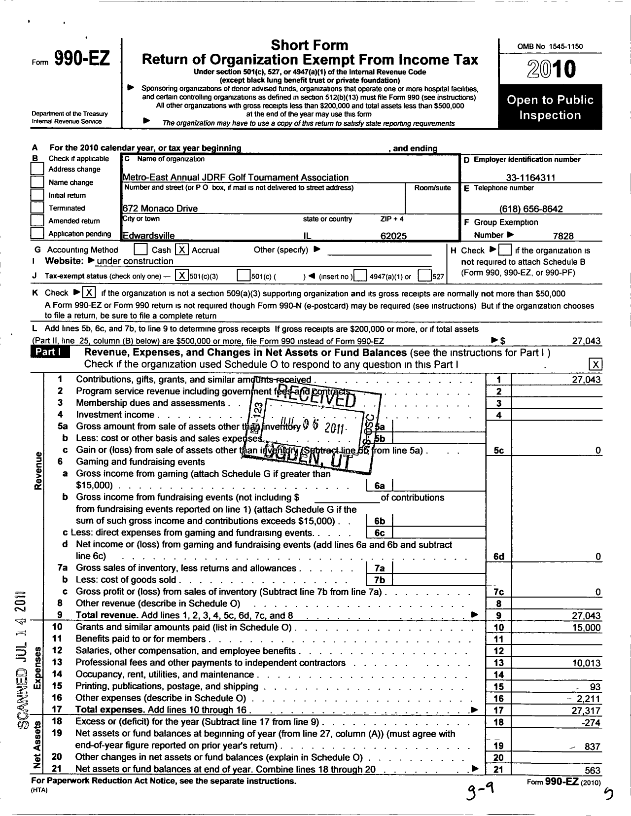 Image of first page of 2010 Form 990EZ for Metro East Annual Juvenile Diabetes Research Foundation Golf Tournament