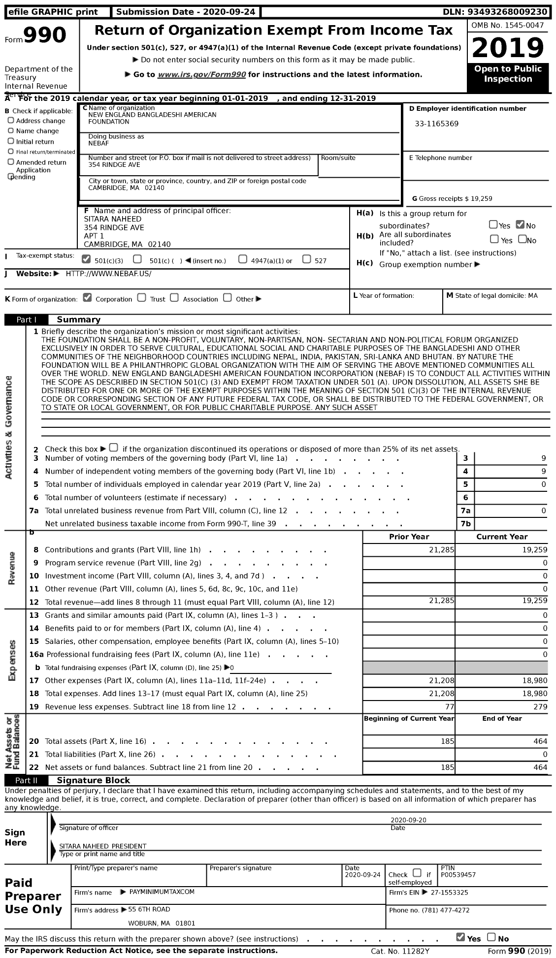 Image of first page of 2019 Form 990 for New England Bangladeshi American Foundation (NEBAF)