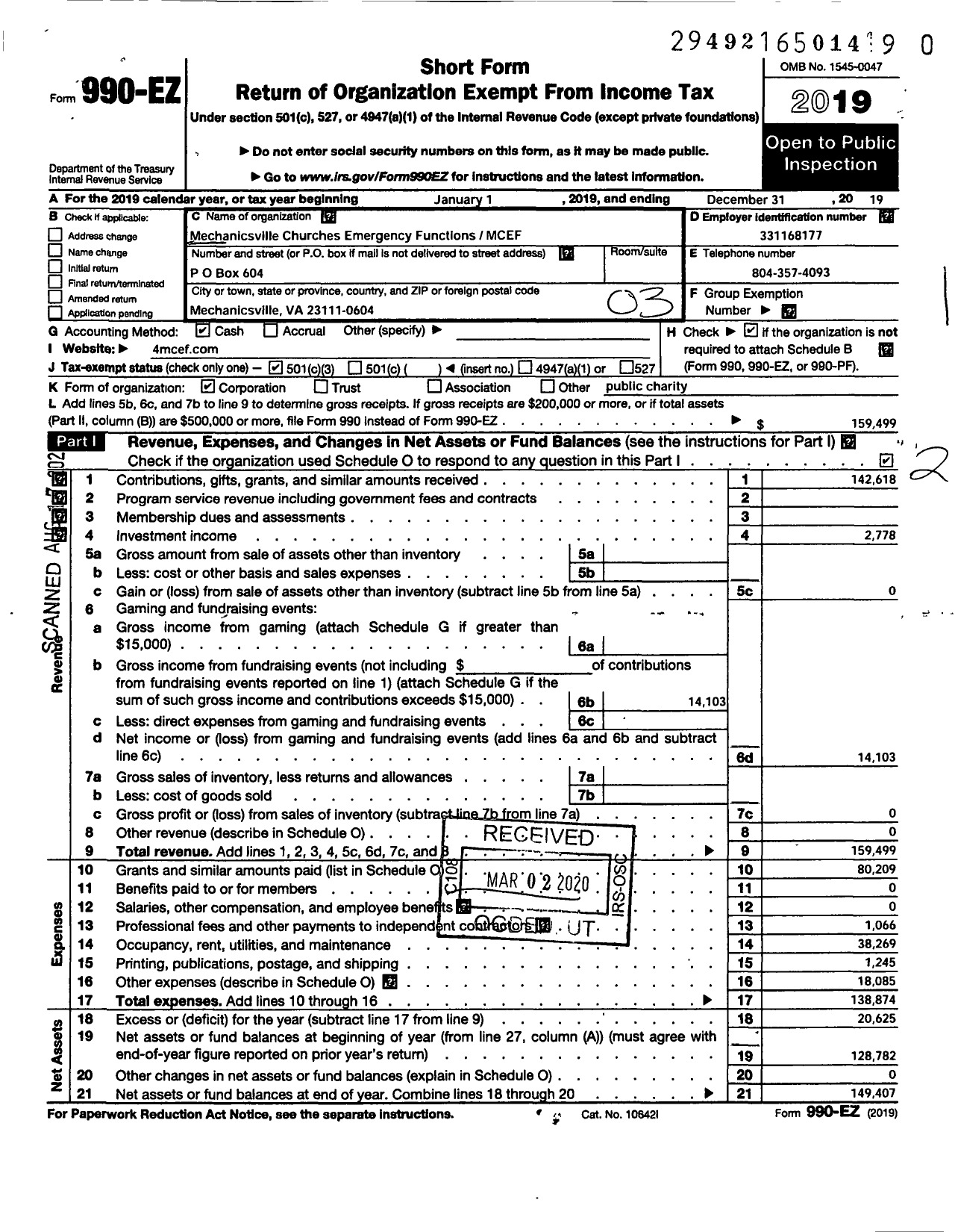 Image of first page of 2019 Form 990EZ for Mechanicsville Churches Emergency Functions (MCEF)