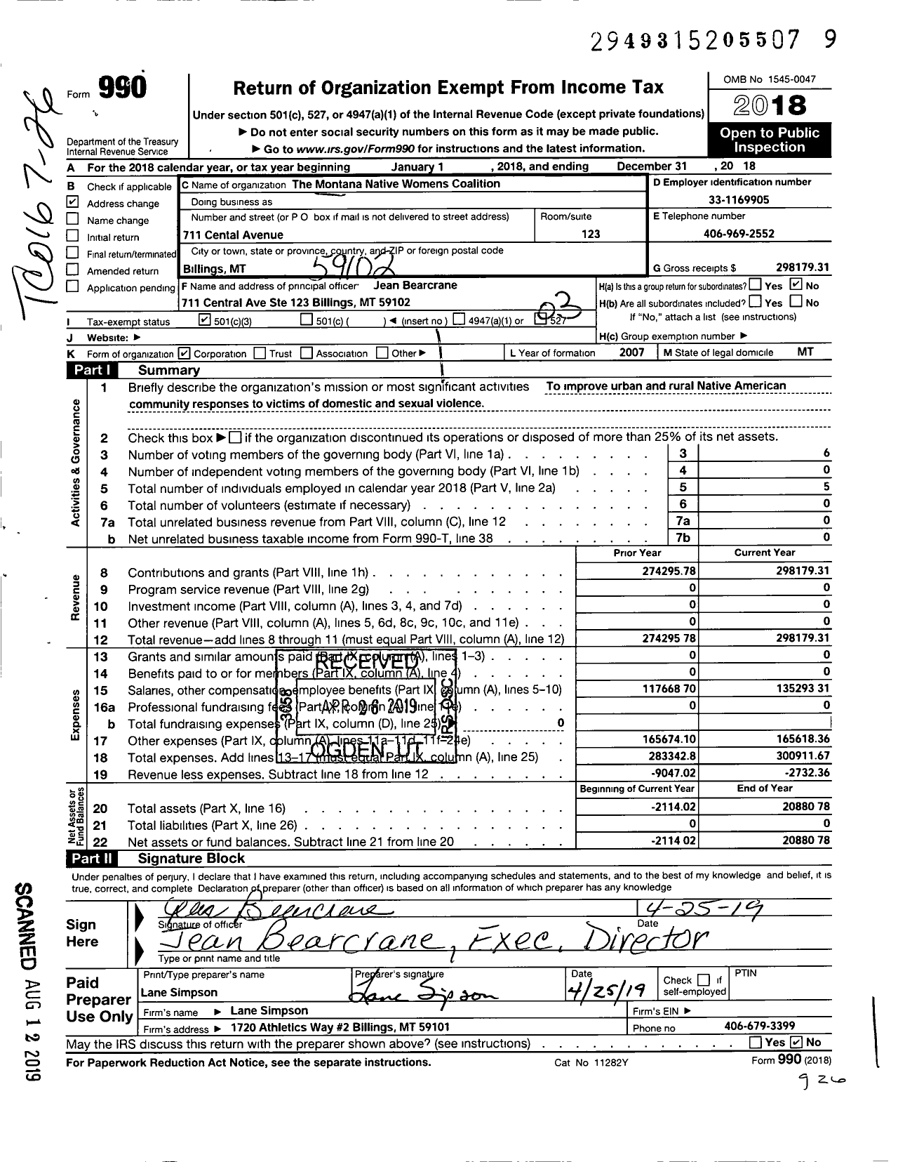 Image of first page of 2018 Form 990 for Montana Native Womens Coalition