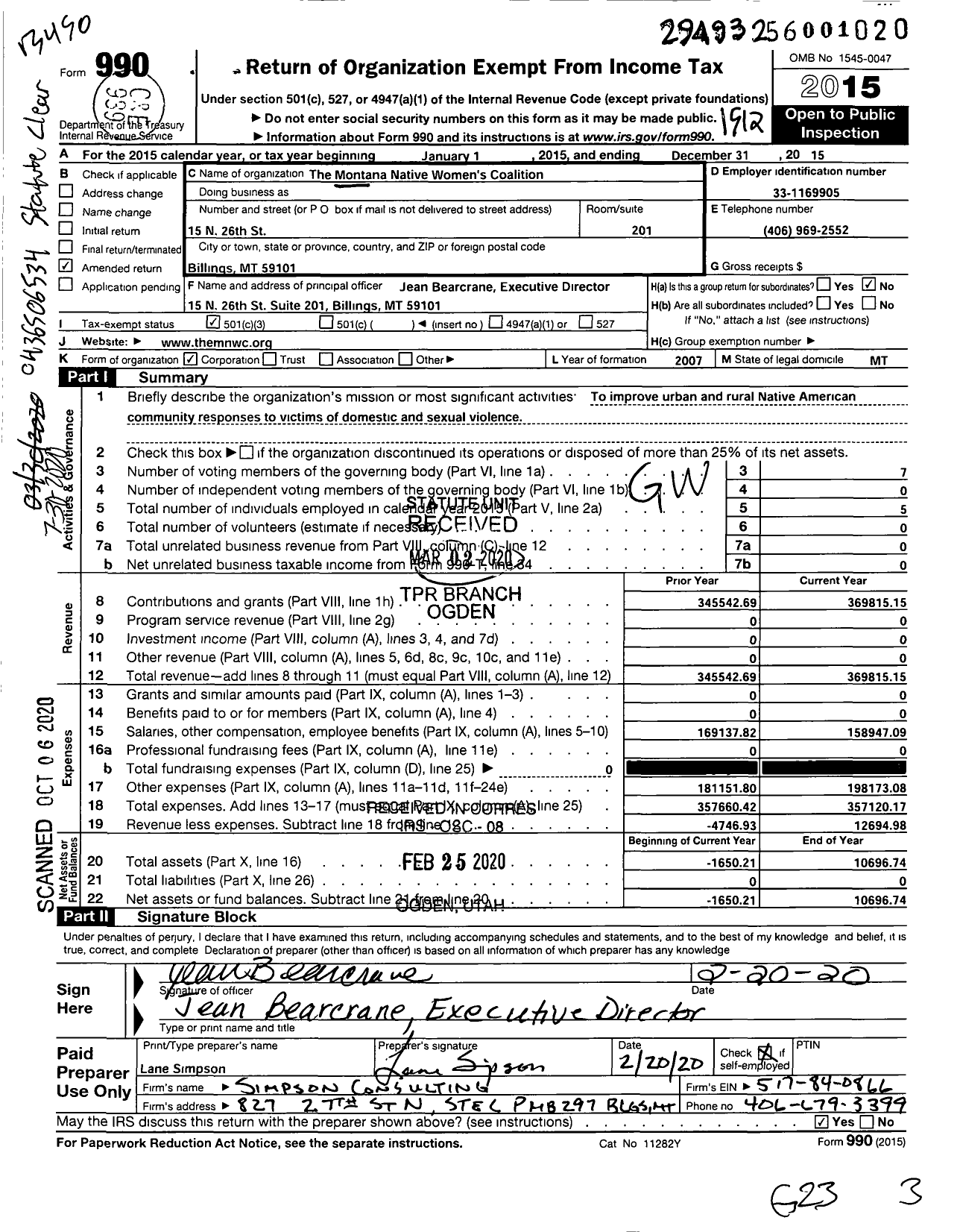 Image of first page of 2015 Form 990 for Montana Native Womens Coalition