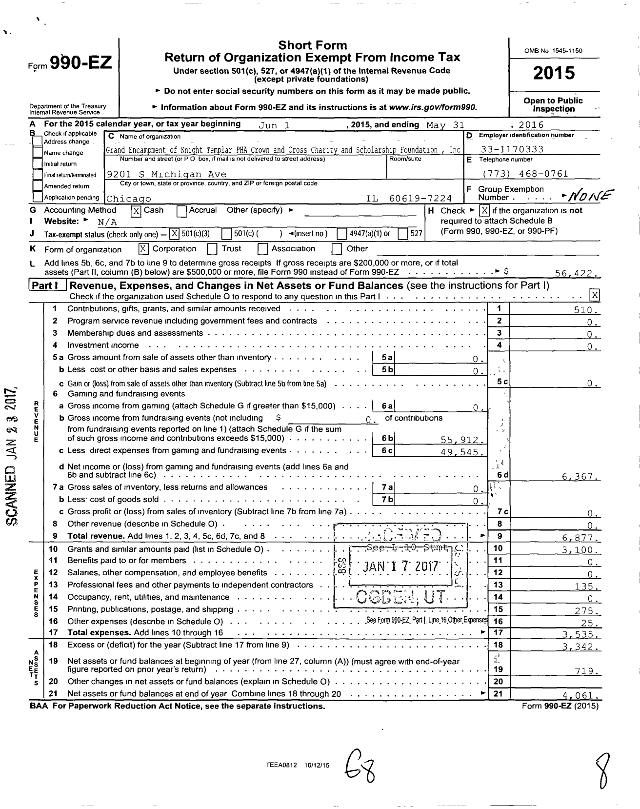 Image of first page of 2015 Form 990EZ for Grand Encampment of KT PHA Crown and Cross Charity and Scholarship Foundation