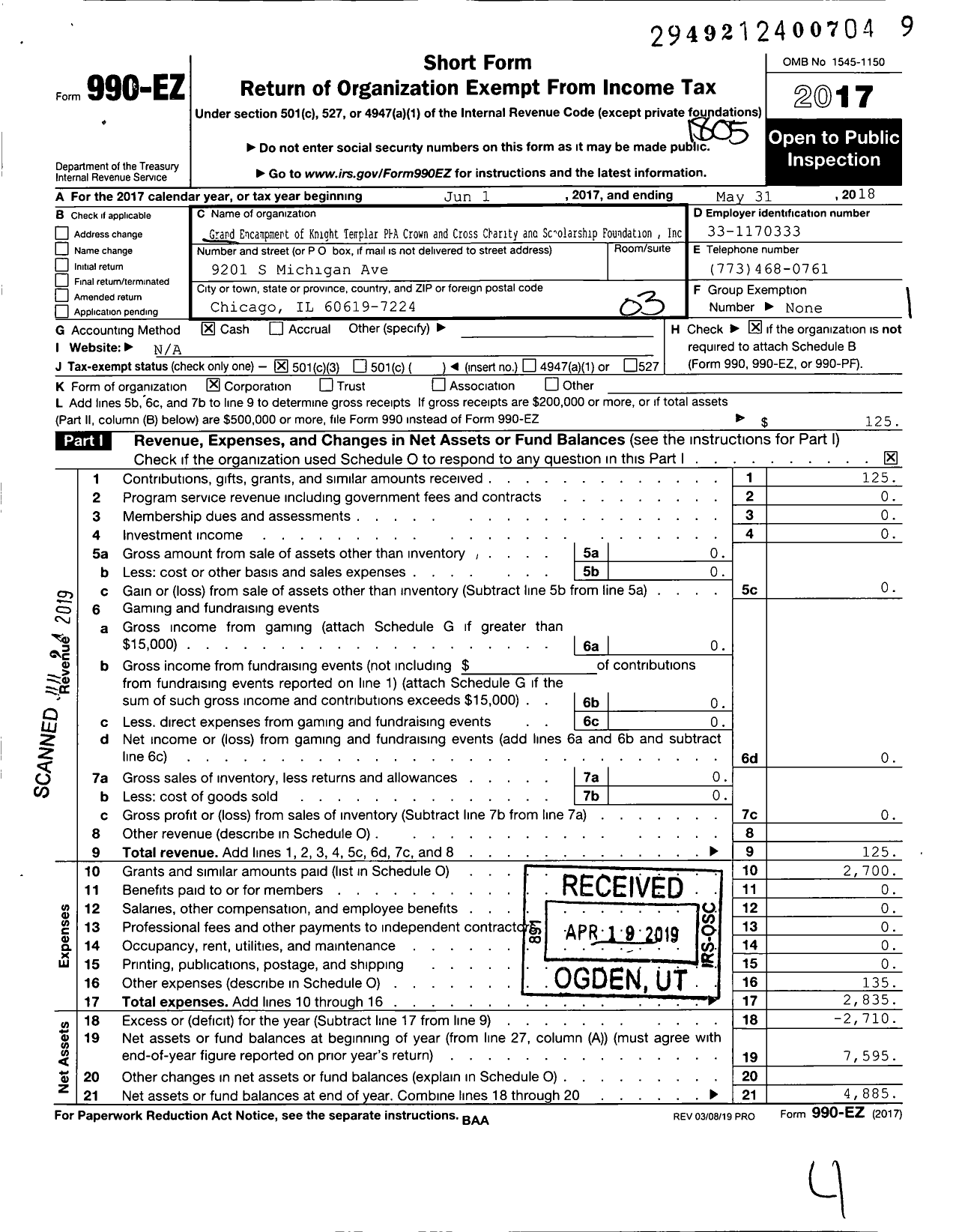 Image of first page of 2017 Form 990EZ for Grand Encampment of KT PHA Crown and Cross Charity and Scholarship Foundation