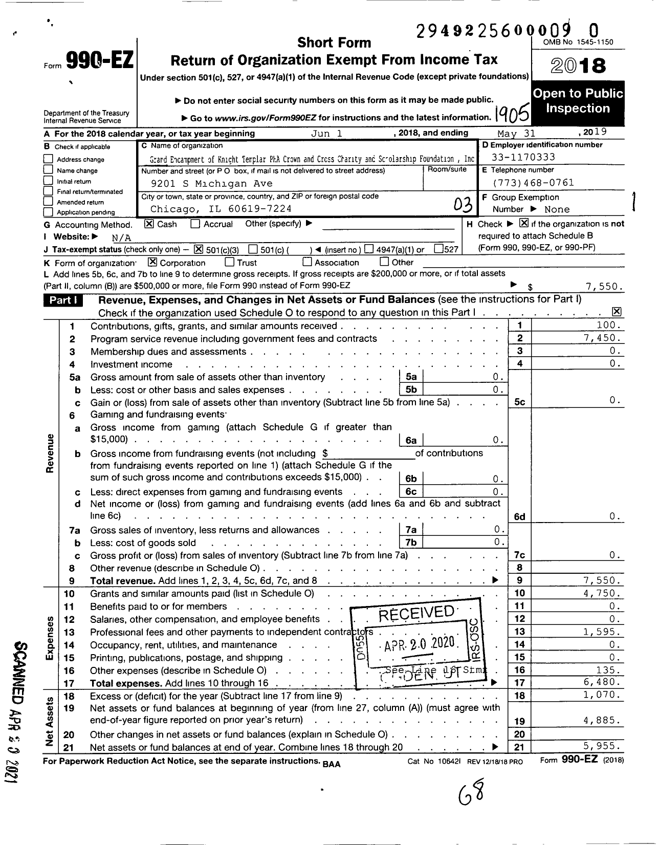 Image of first page of 2018 Form 990EZ for Grand Encampment of KT PHA Crown and Cross Charity and Scholarship Foundation