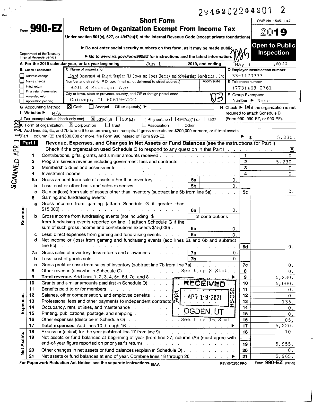 Image of first page of 2019 Form 990EZ for Grand Encampment of KT PHA Crown and Cross Charity and Scholarship Foundation