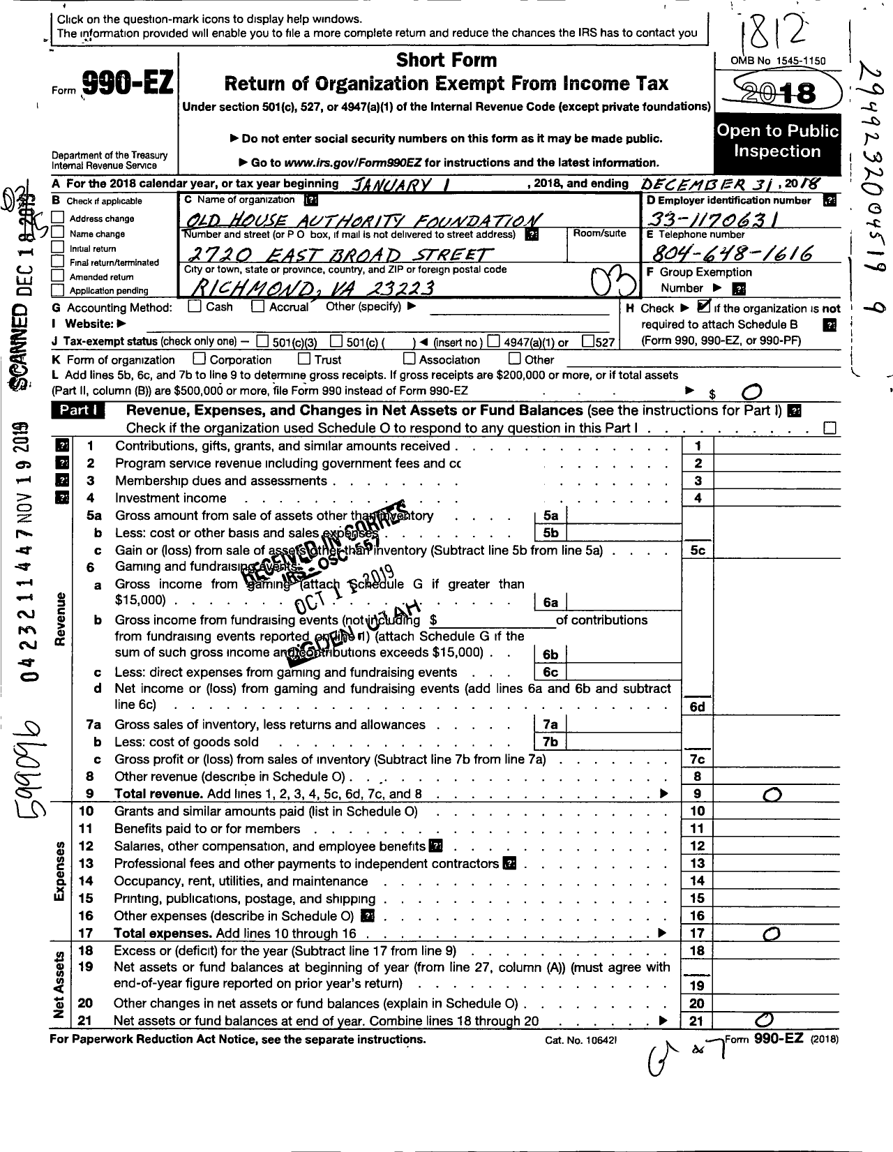 Image of first page of 2018 Form 990EZ for Old House Authority Foundation