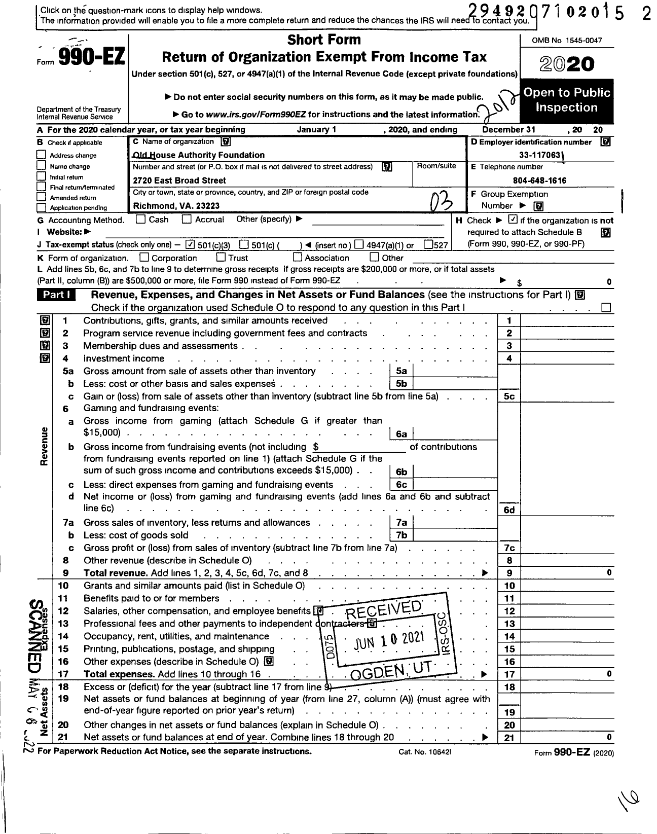 Image of first page of 2020 Form 990EZ for Old House Authority Foundation