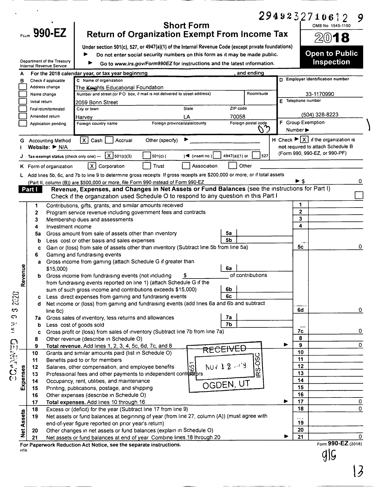 Image of first page of 2018 Form 990EZ for The Knights Educational Foundation