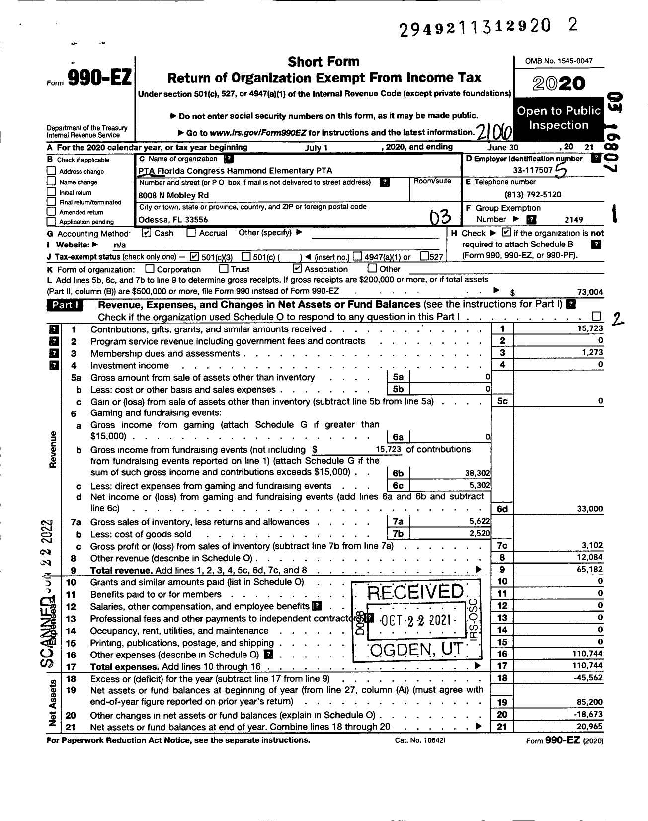 Image of first page of 2020 Form 990EZ for PTA Florida Congress - Hammond Elementary PTA