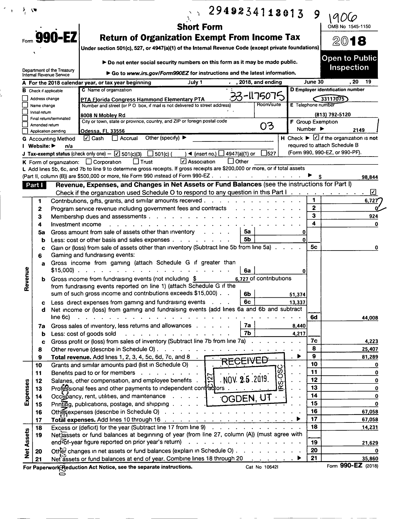 Image of first page of 2018 Form 990EZ for PTA Florida Congress - Hammond Elementary PTA