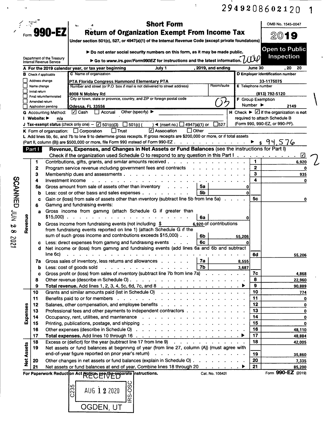 Image of first page of 2019 Form 990EZ for PTA Florida Congress - Hammond Elementary PTA