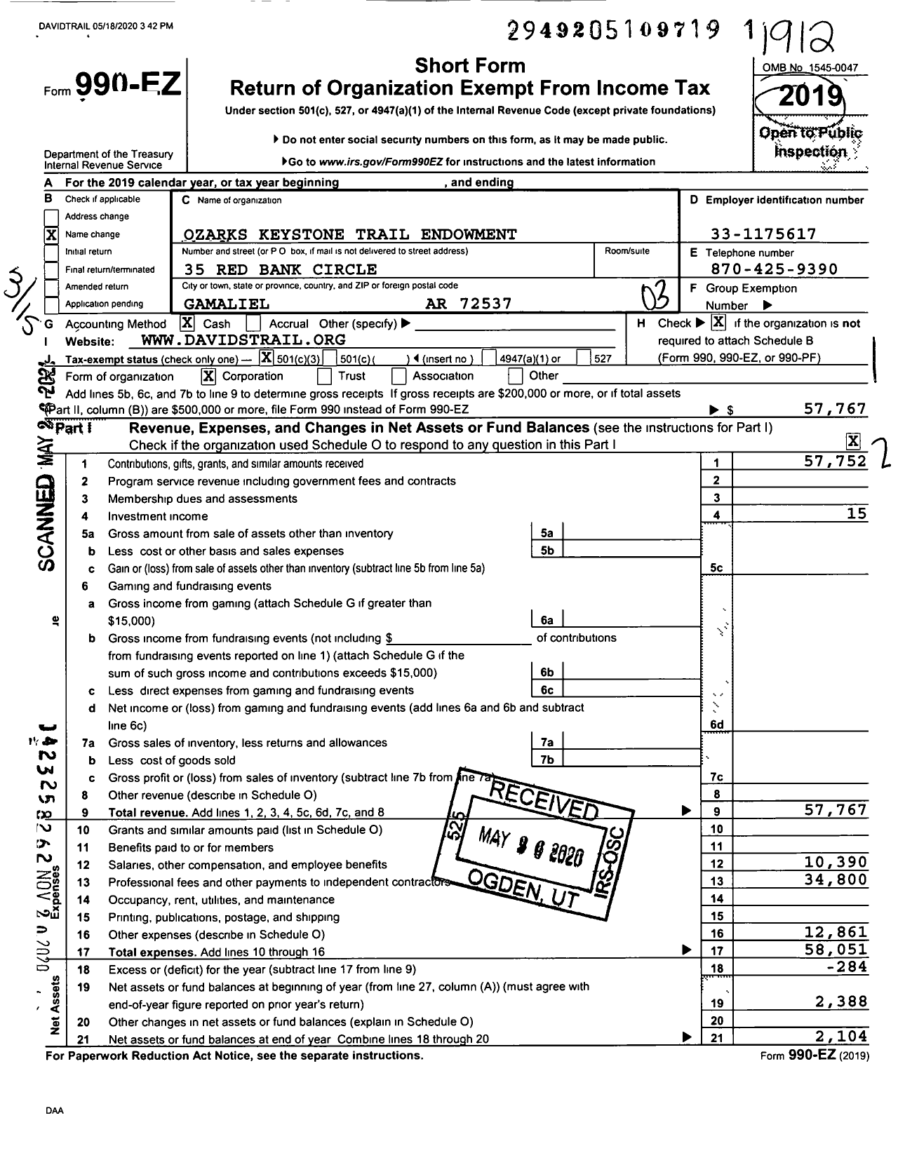 Image of first page of 2019 Form 990EZ for Ozarks Keystone Trail Endowment