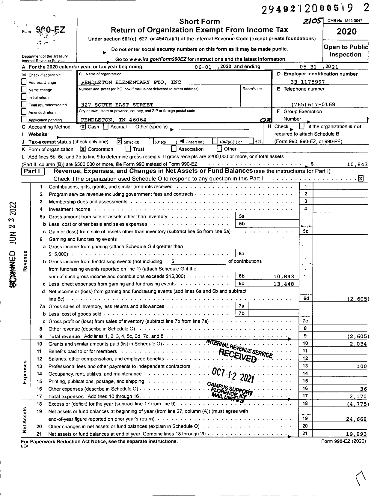 Image of first page of 2020 Form 990EZ for Pendleton Elementary Pto