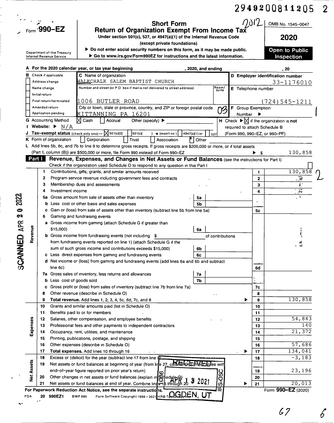 Image of first page of 2020 Form 990EZ for Walkchalk Salem Baptist Church - 6463