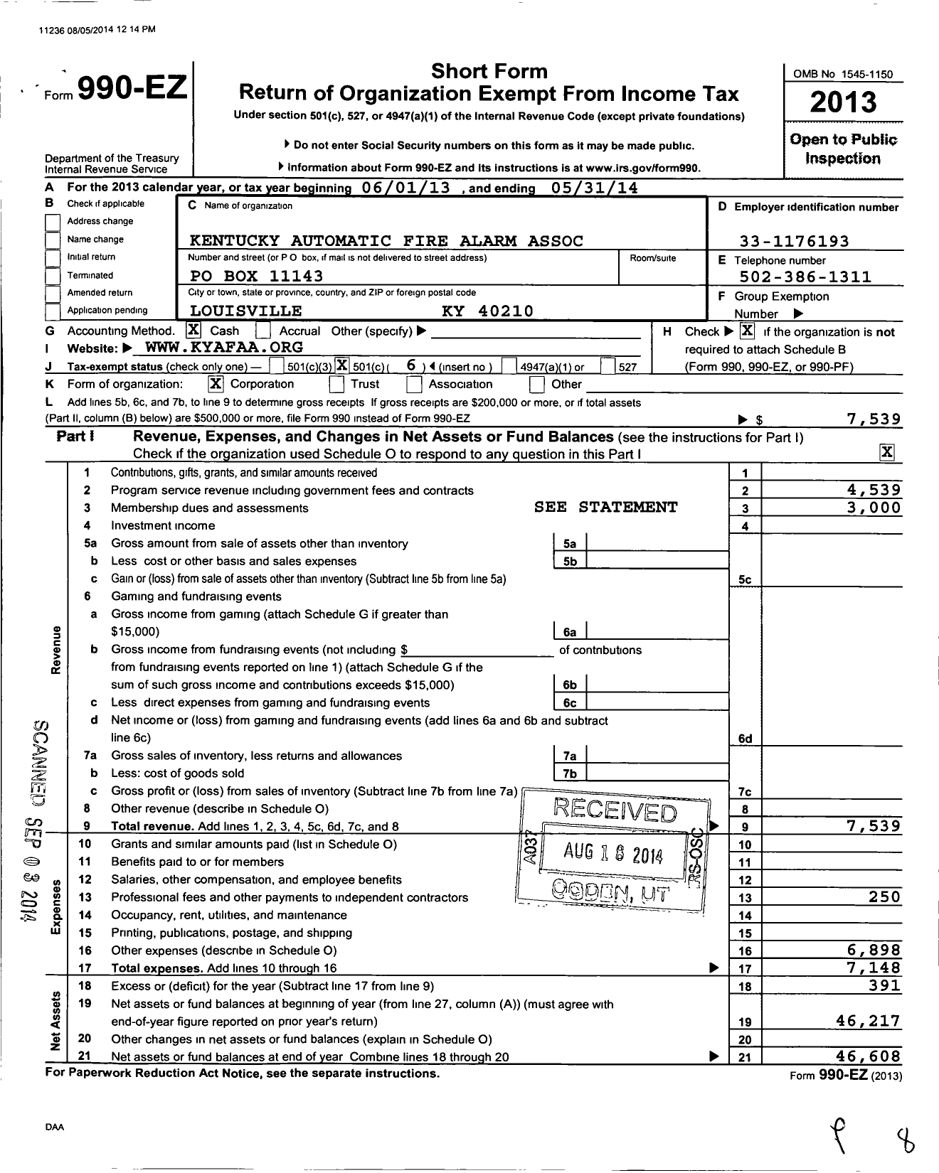 Image of first page of 2013 Form 990EO for Kentucky Automatic Fire Alarm Association (KYAFAA)