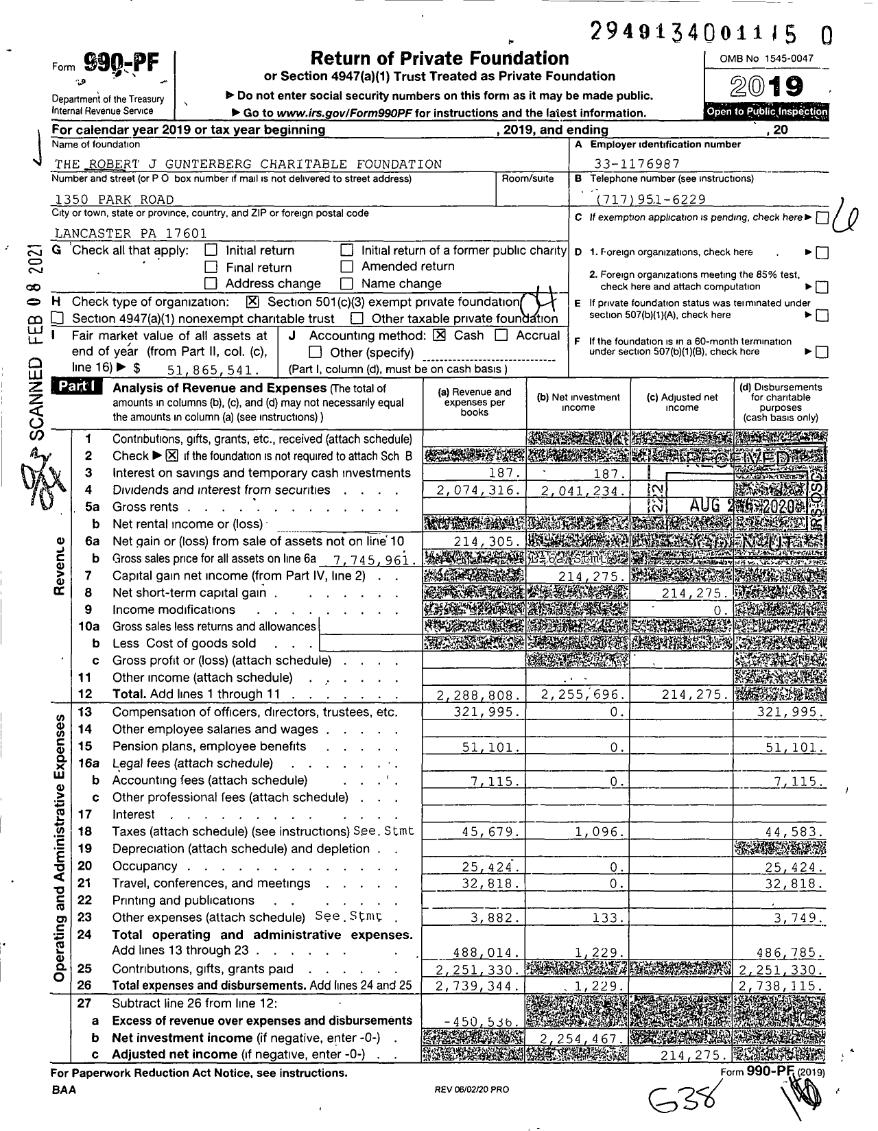 Image of first page of 2019 Form 990PF for The Robert J Gunterberg Charitable Foundation