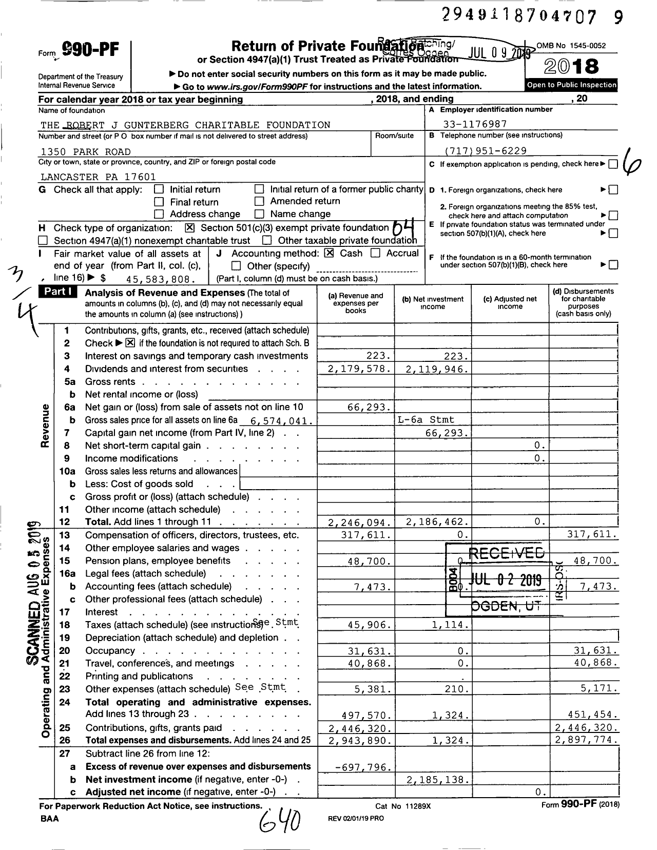 Image of first page of 2018 Form 990PF for The Robert J Gunterberg Charitable Foundation