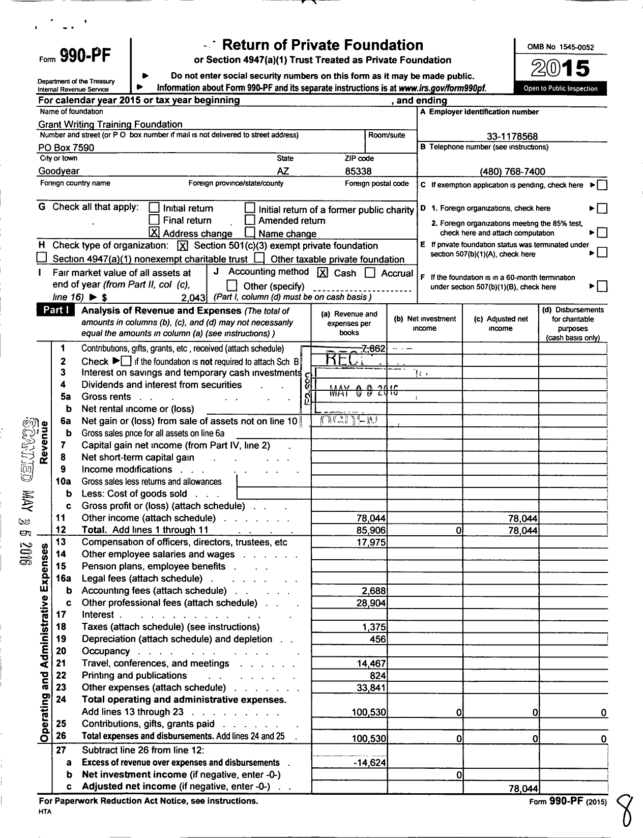 Image of first page of 2015 Form 990PF for Grant Writing Training Foundation