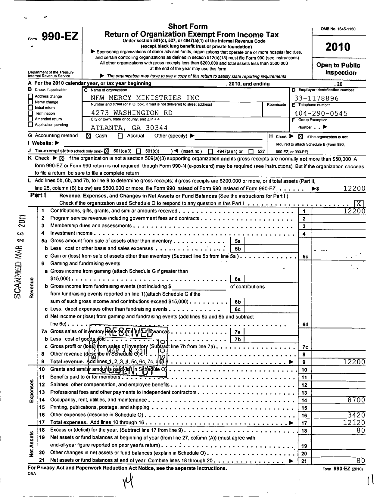 Image of first page of 2010 Form 990EZ for New Mercy Ministries