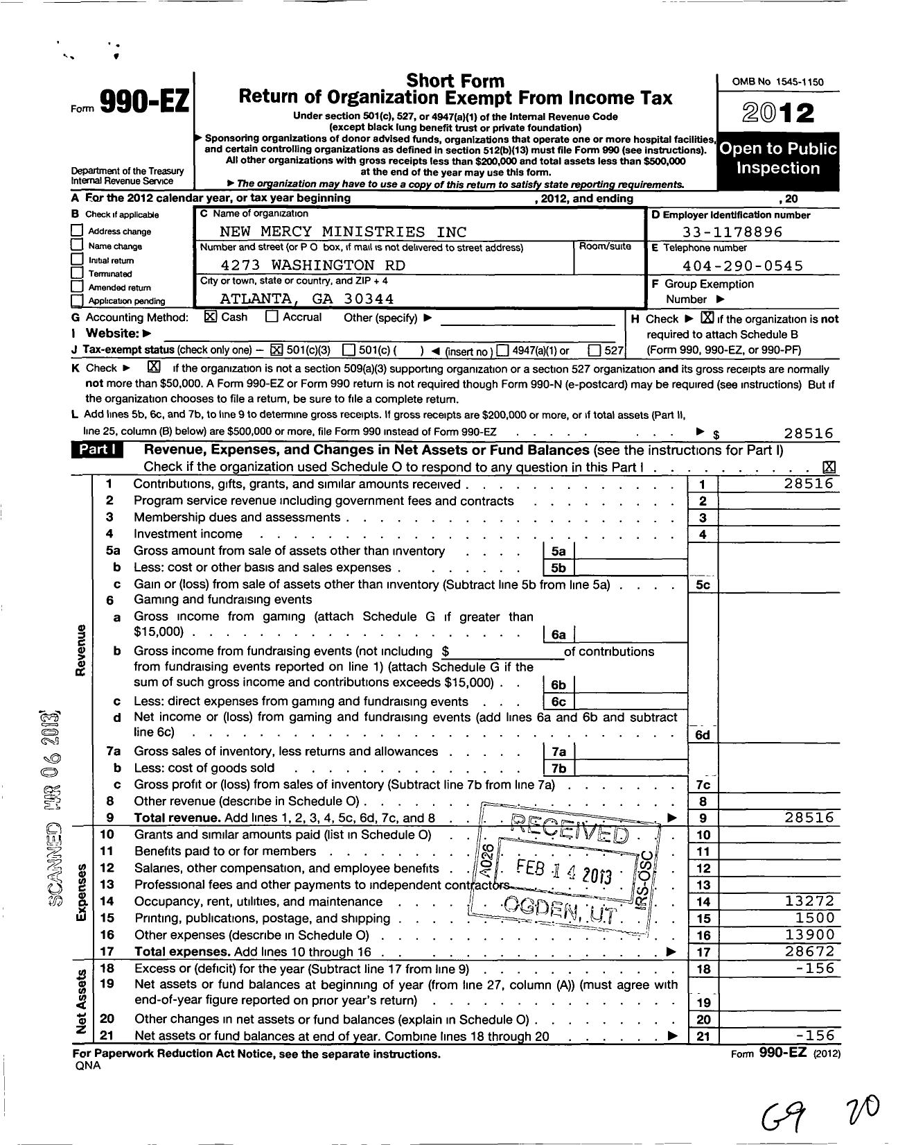 Image of first page of 2012 Form 990EZ for New Mercy Ministries