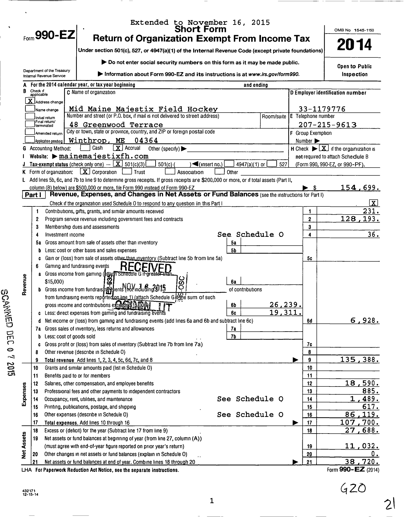 Image of first page of 2014 Form 990EZ for Mid-Maine Majestix Field Hockey