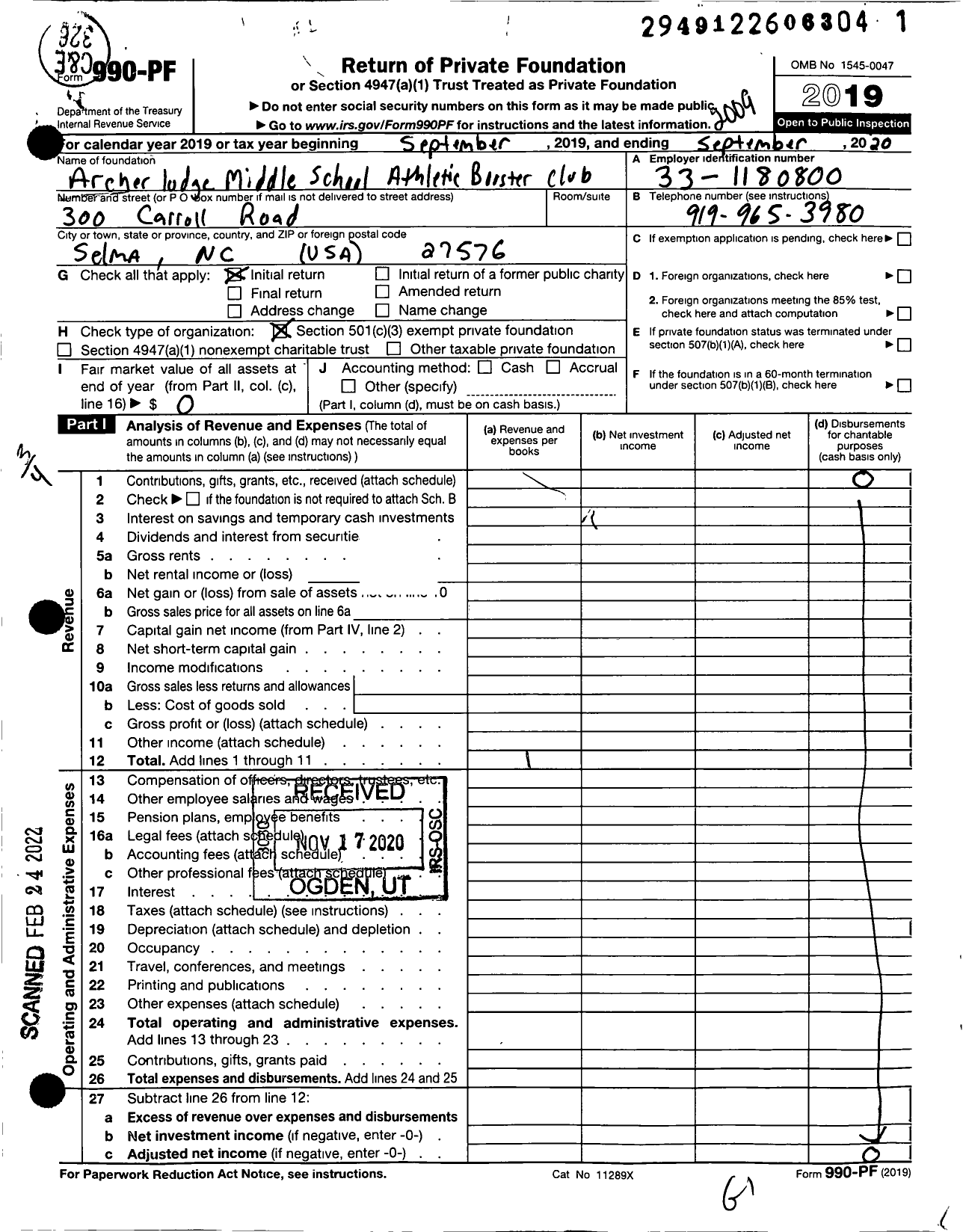 Image of first page of 2019 Form 990PF for Archer Lodge Middle School Athletic Booster Club